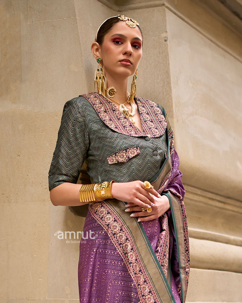 Purple Woven Silk Saree with Multicolor Border and Unstitched Blouse - Image 2