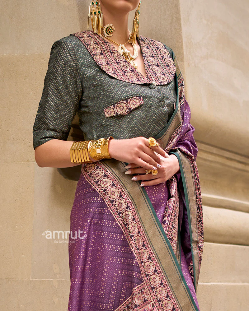 Purple Woven Silk Saree with Multicolor Border and Unstitched Blouse - Image 3