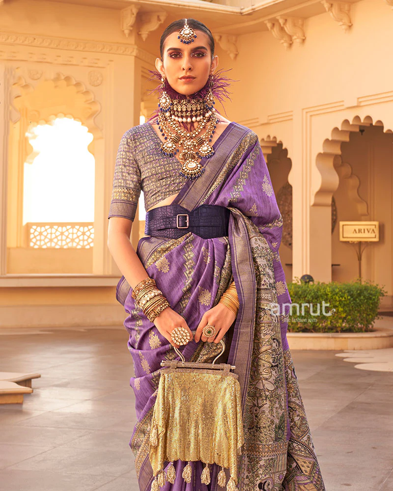 Purple Zari Embellished Border Printed Silk Saree with Unstitched Blouse - Image 2