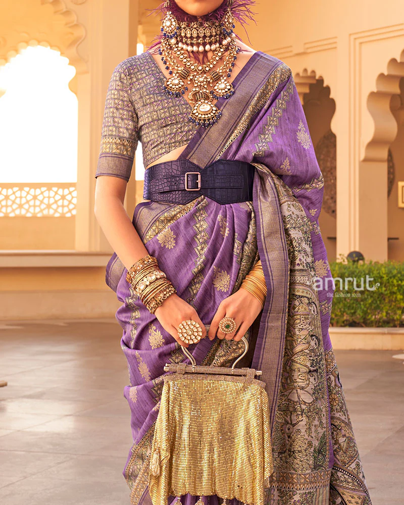 Purple Zari Embellished Border Printed Silk Saree with Unstitched Blouse - Image 3