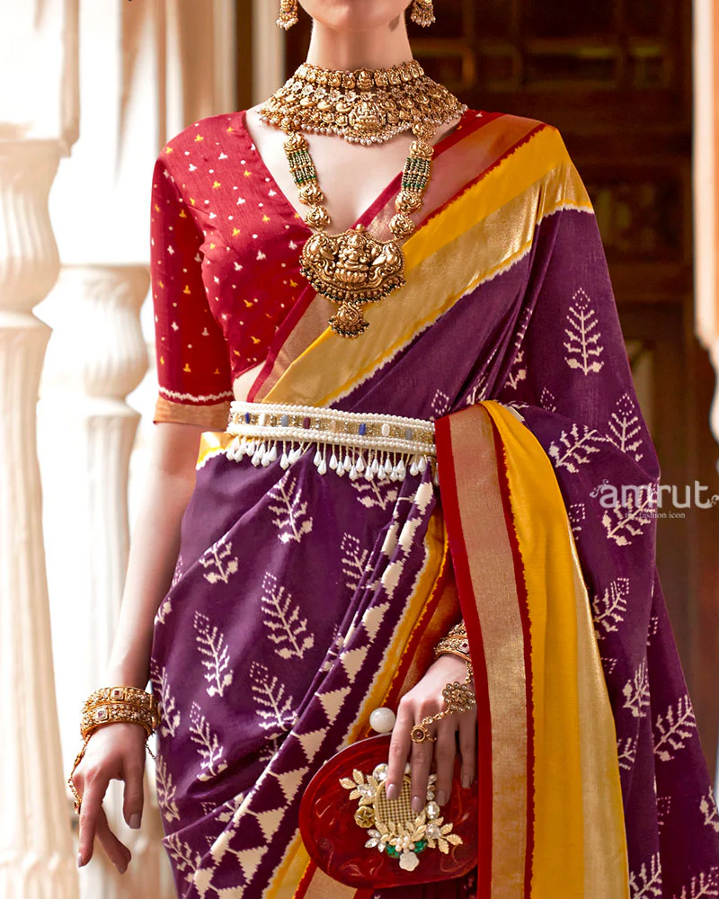 Purple Zari Embellished Borders Silk Saree with Unstitched Blouse - Image 3