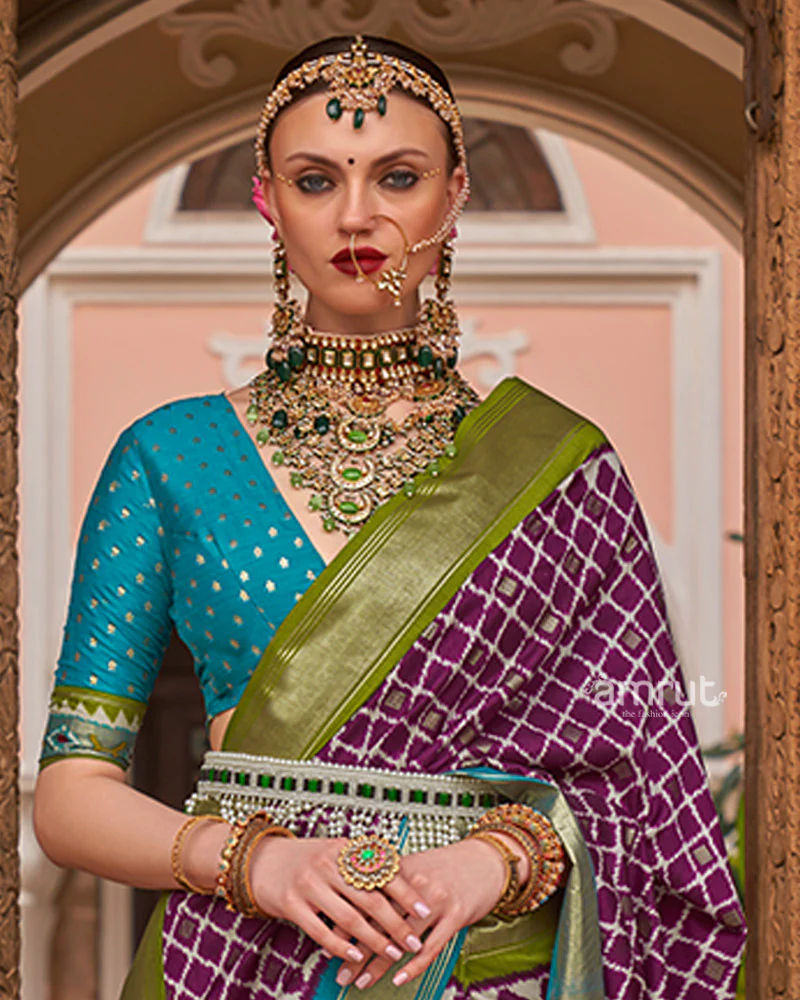 Purple Zari Woven Patola Silk Saree with Unstitched Blouse - Image 2
