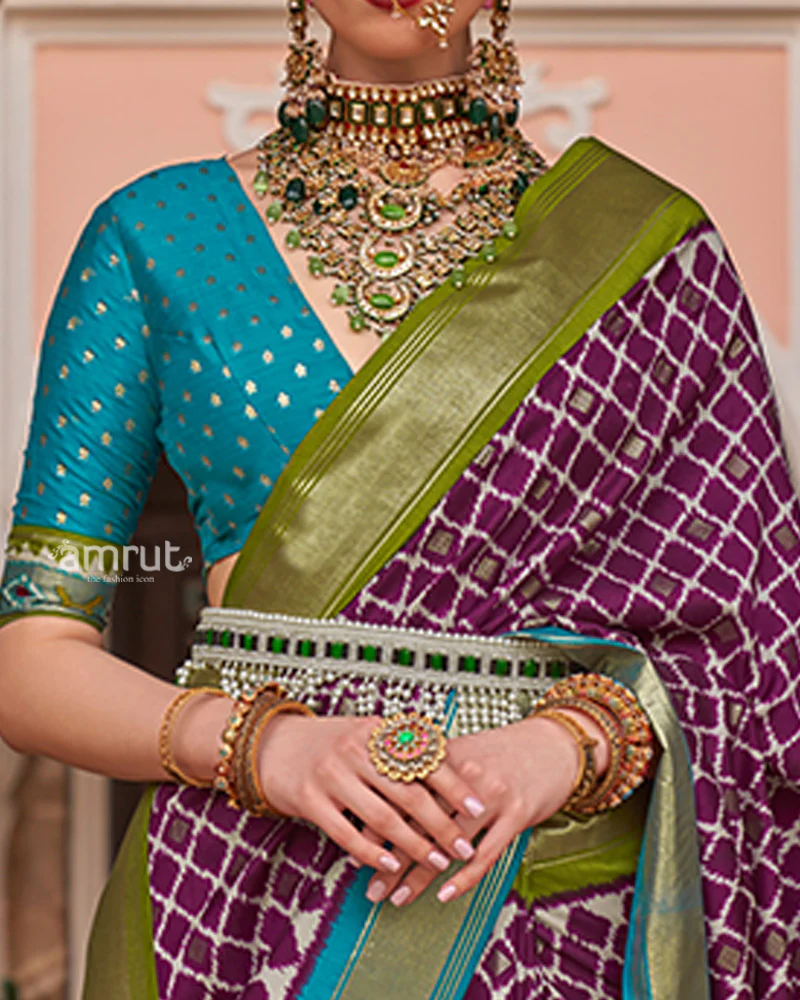 Purple Zari Woven Patola Silk Saree with Unstitched Blouse - Image 3