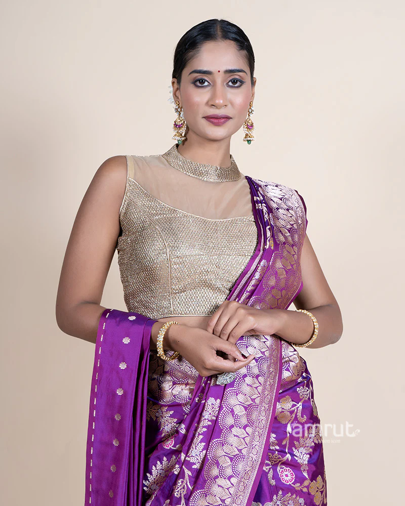 Purple Zari Woven Silk Saree with Unstitched Blouse - Image 2