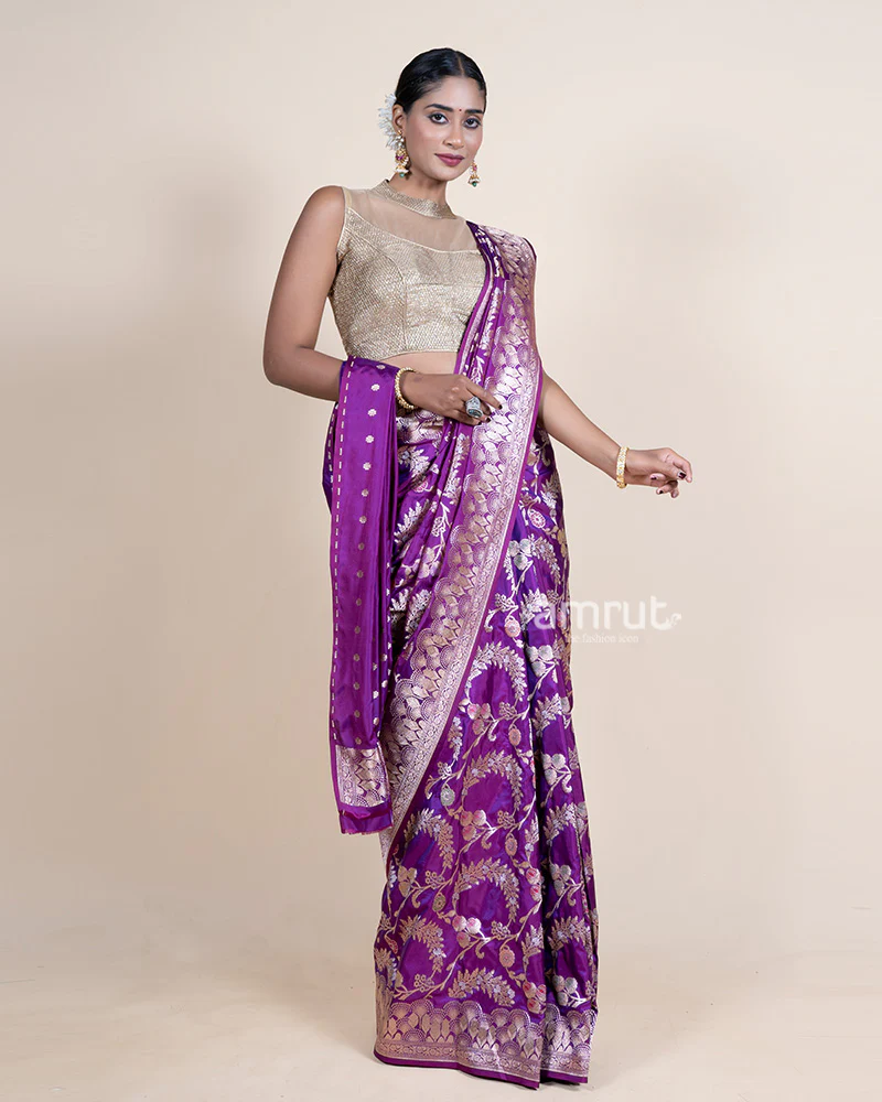 Purple Zari Woven Silk Saree with Unstitched Blouse - Image 4