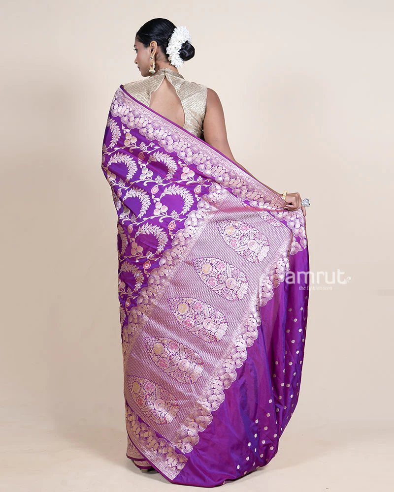 Purple Zari Woven Silk Saree with Unstitched Blouse - Image 5