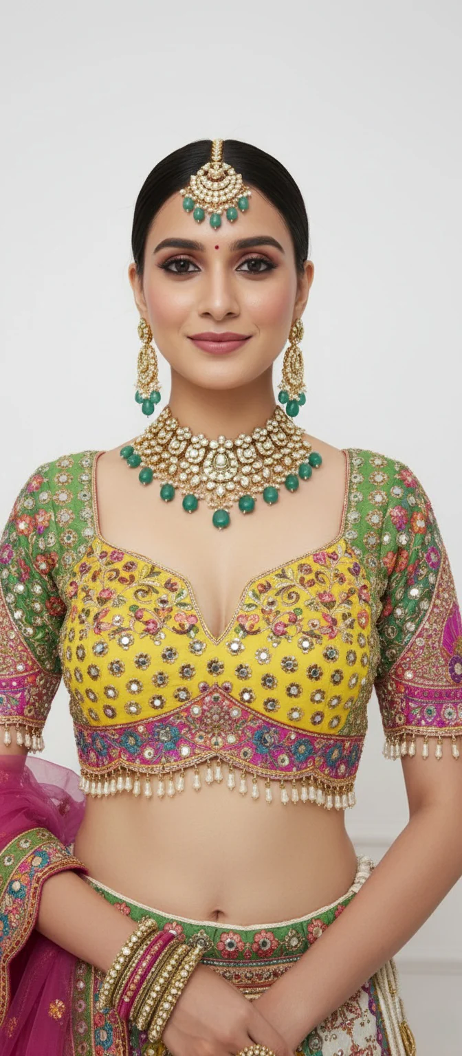 Radiant Multicolor Handcrafted Bridal Lehenga with Peacock Motifs & Mirror Work - Image 2