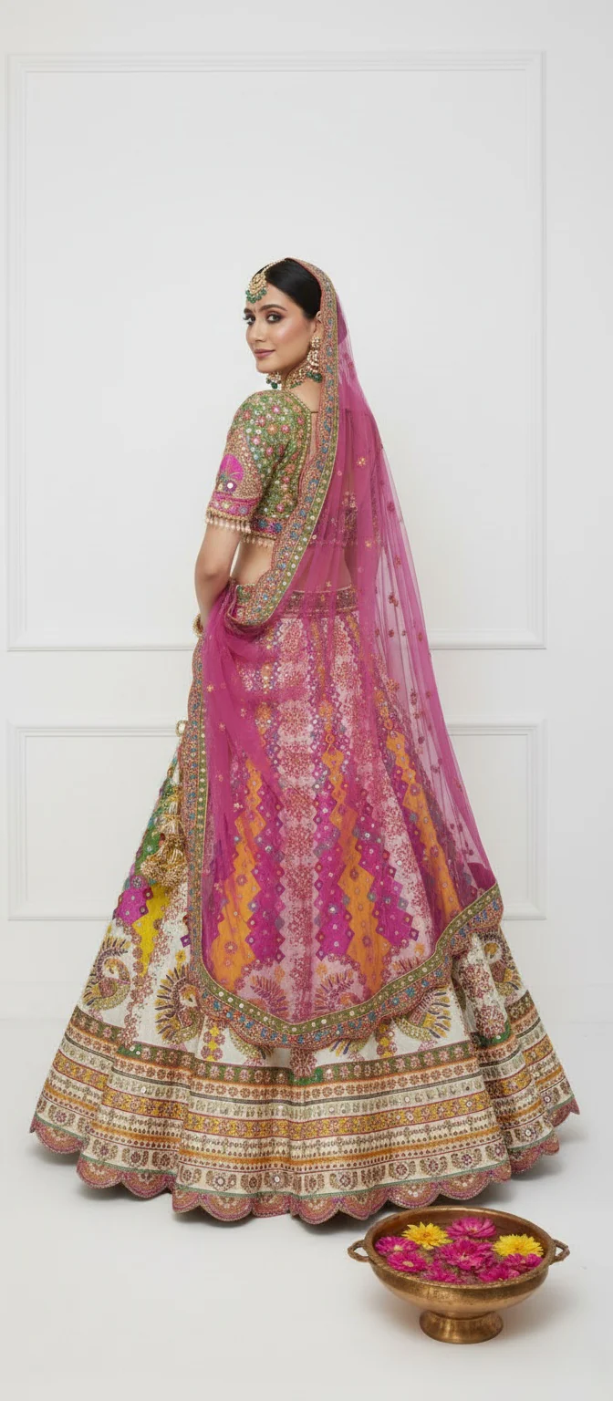 Radiant Multicolor Handcrafted Bridal Lehenga with Peacock Motifs & Mirror Work - Image 4