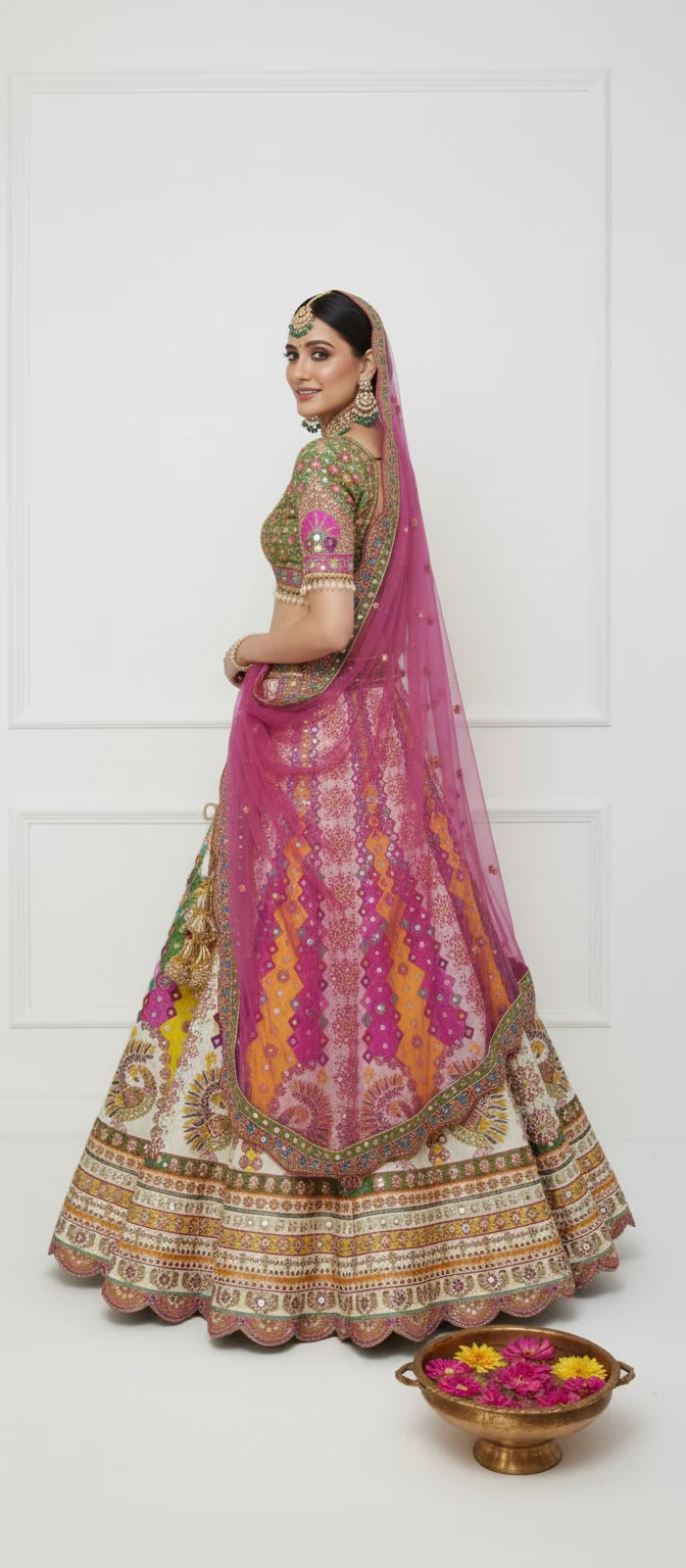 Radiant Multicolor Handcrafted Bridal Lehenga with Peacock Motifs & Mirror Work - Image 5