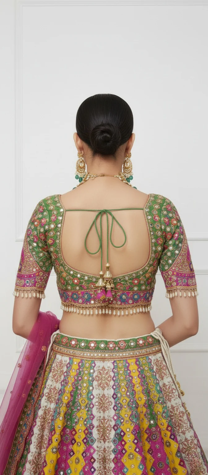 Radiant Multicolor Handcrafted Bridal Lehenga with Peacock Motifs & Mirror Work - Image 6