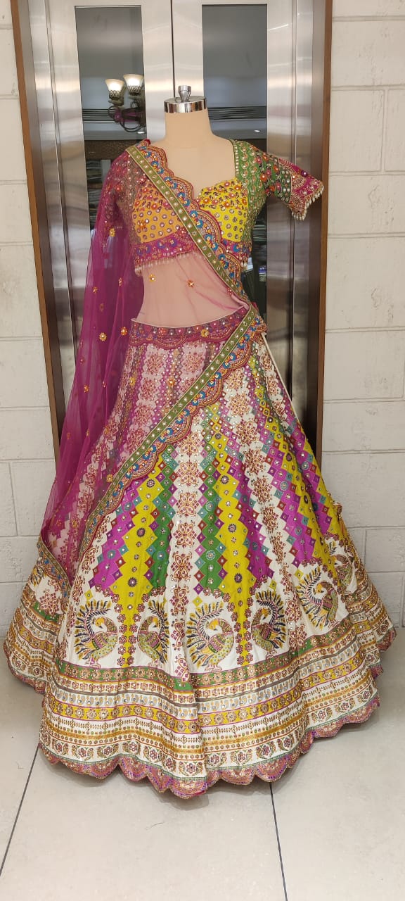 Radiant Multicolor Handcrafted Bridal Lehenga with Peacock Motifs & Mirror Work - Image 7