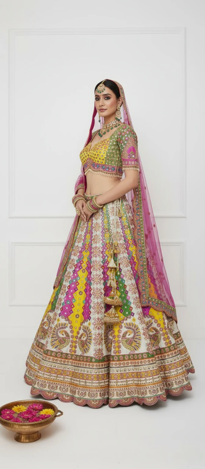 Radiant Multicolor Handcrafted Bridal Lehenga with Peacock Motifs & Mirror Work - Image 8