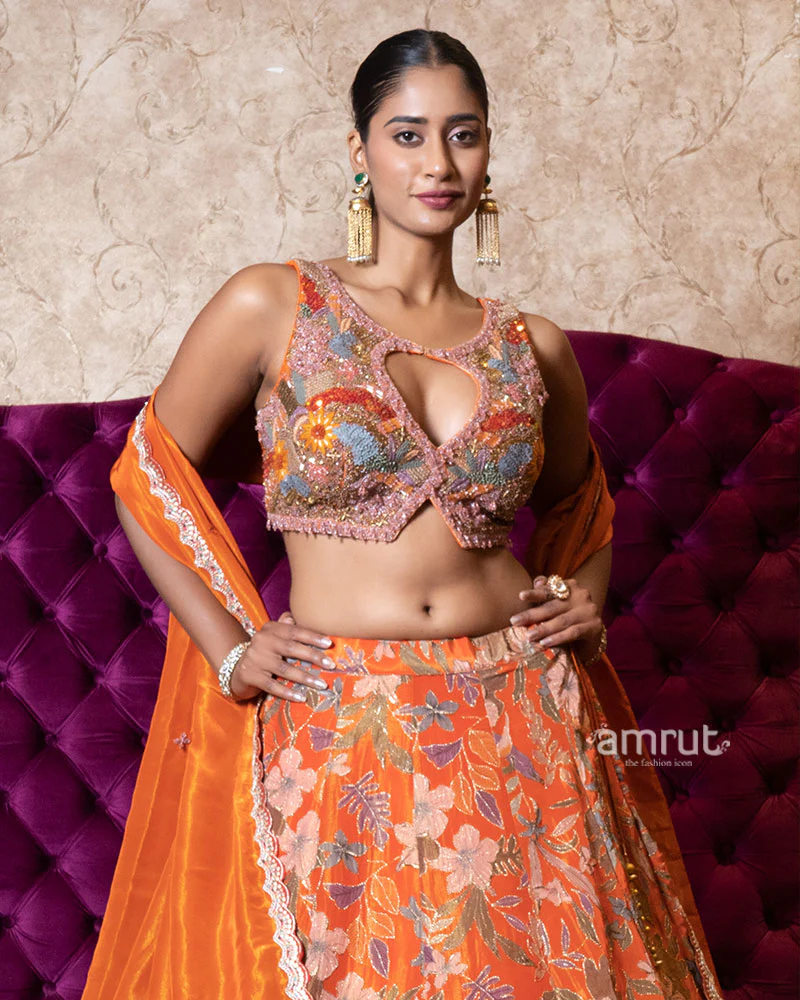 Radiant Orange Floral Embroidered Lehenga Set - Image 2