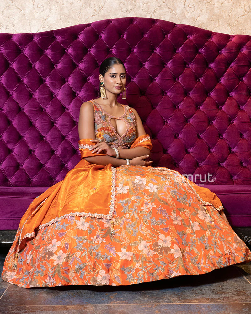 Radiant Orange Floral Embroidered Lehenga Set - Image 4