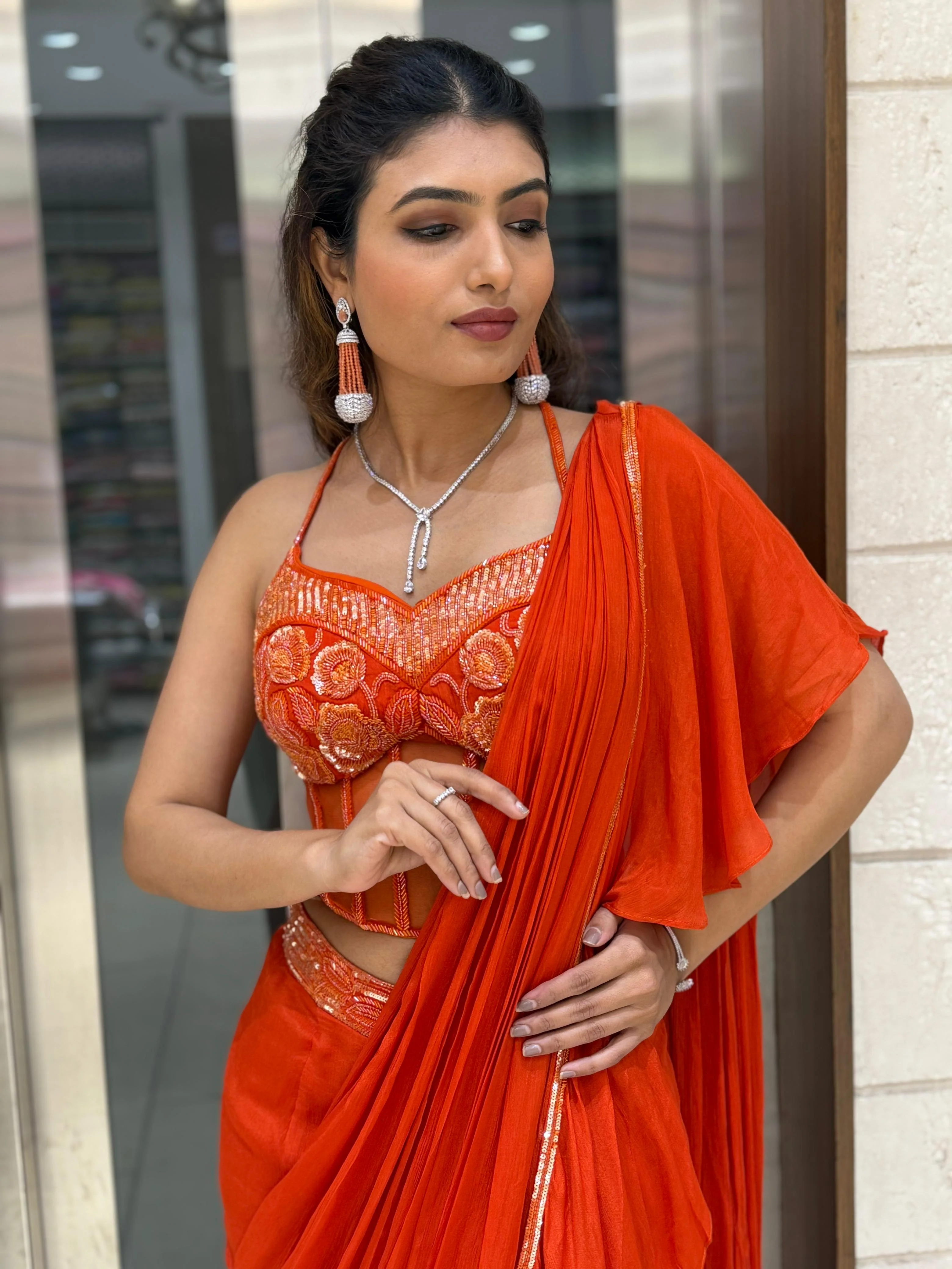Radiant Orange Ready-to-Wear Saree with Embroidered Corset Blouse - Image 2