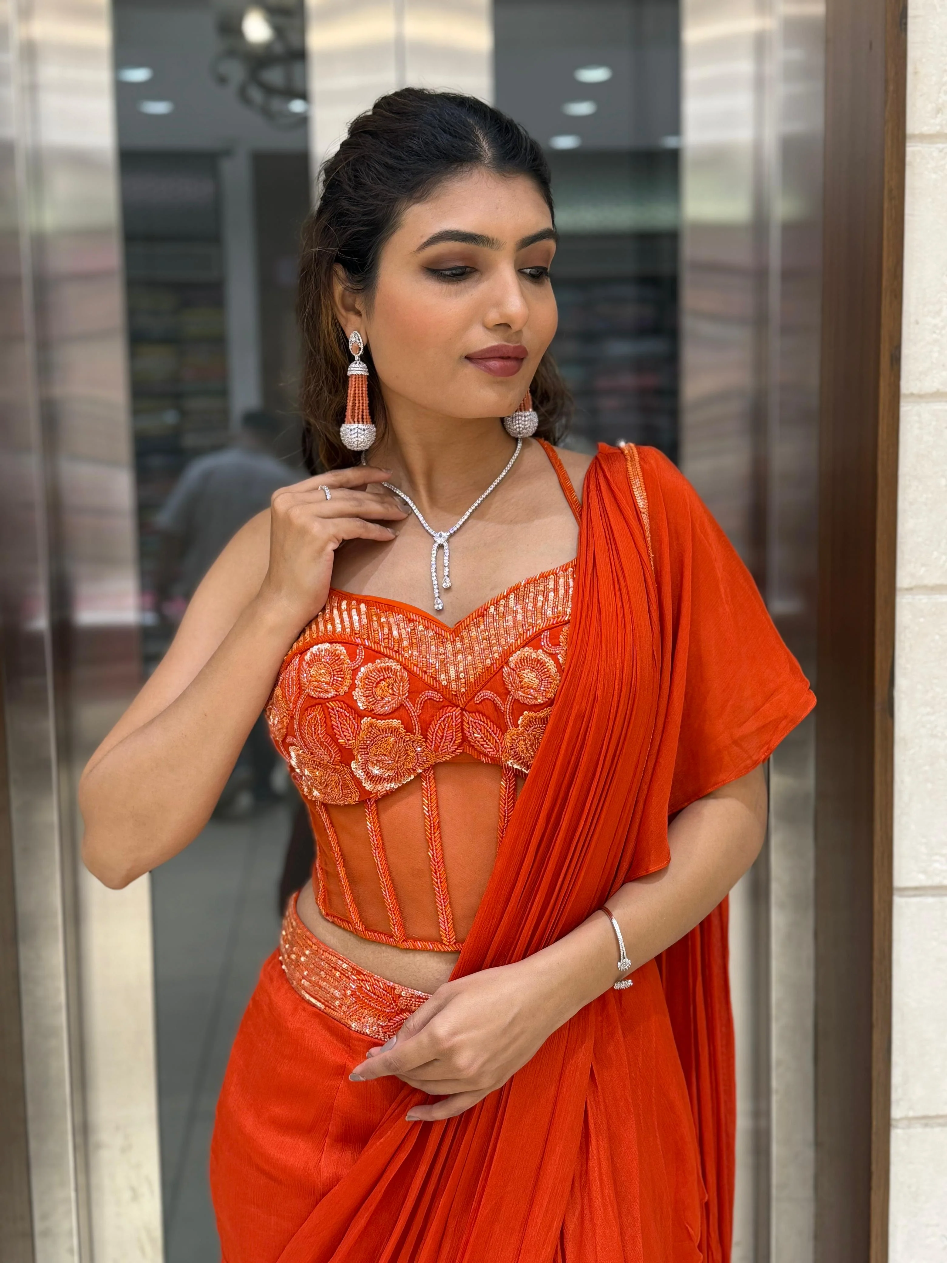 Radiant Orange Ready-to-Wear Saree with Embroidered Corset Blouse - Image 4