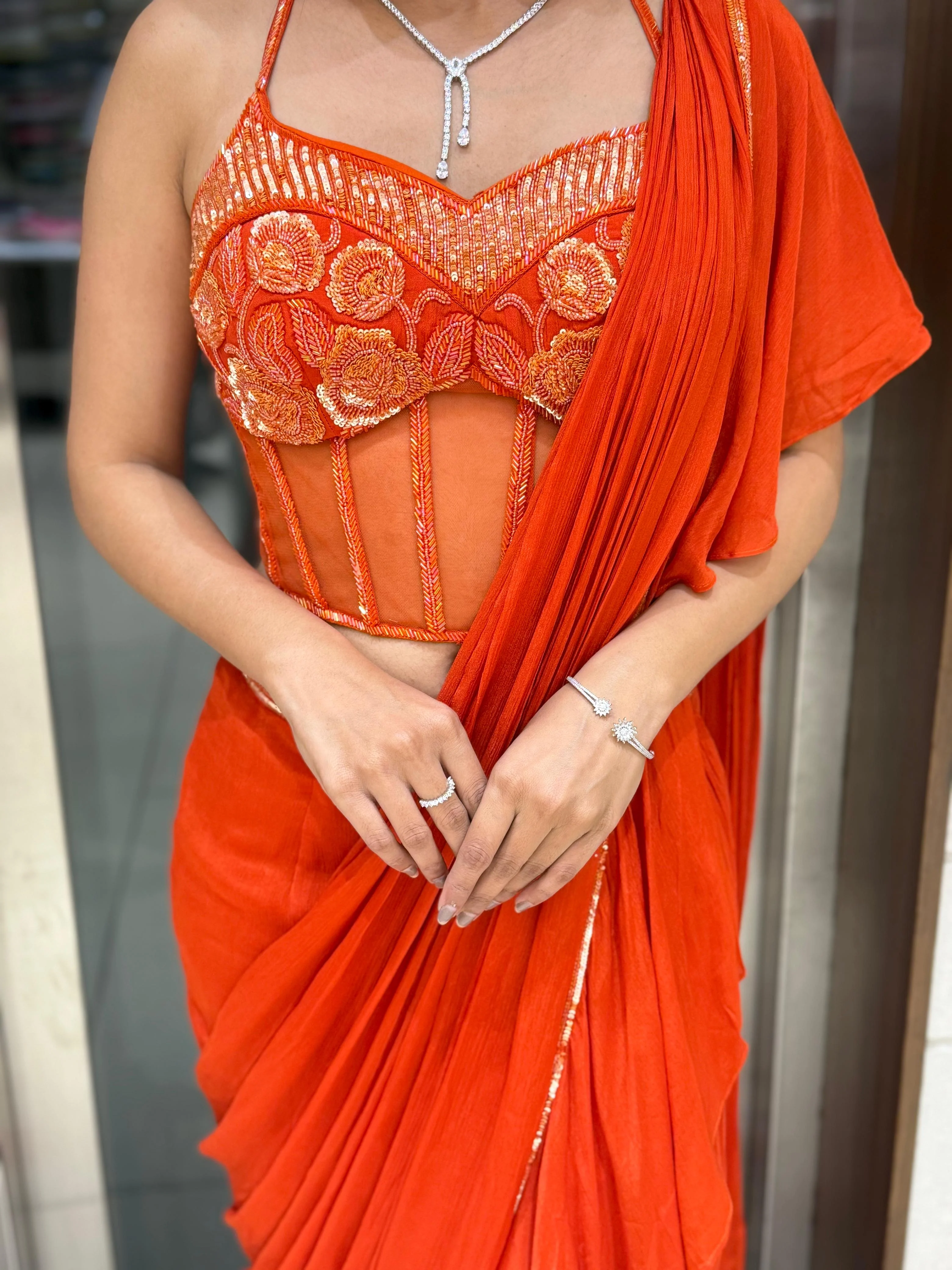 Radiant Orange Ready-to-Wear Saree with Embroidered Corset Blouse - Image 5
