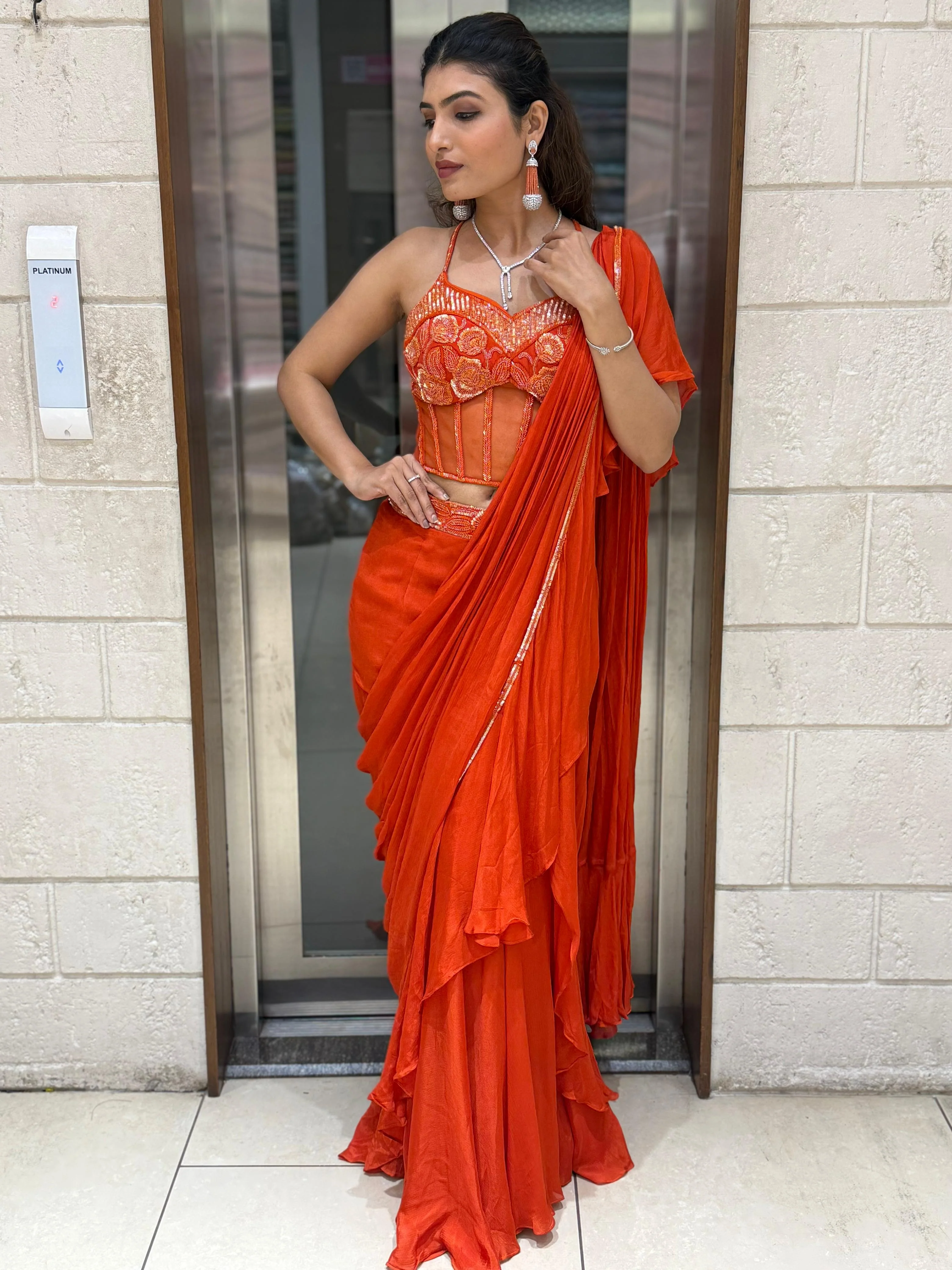 Radiant Orange Ready-to-Wear Saree with Embroidered Corset Blouse - Image 6
