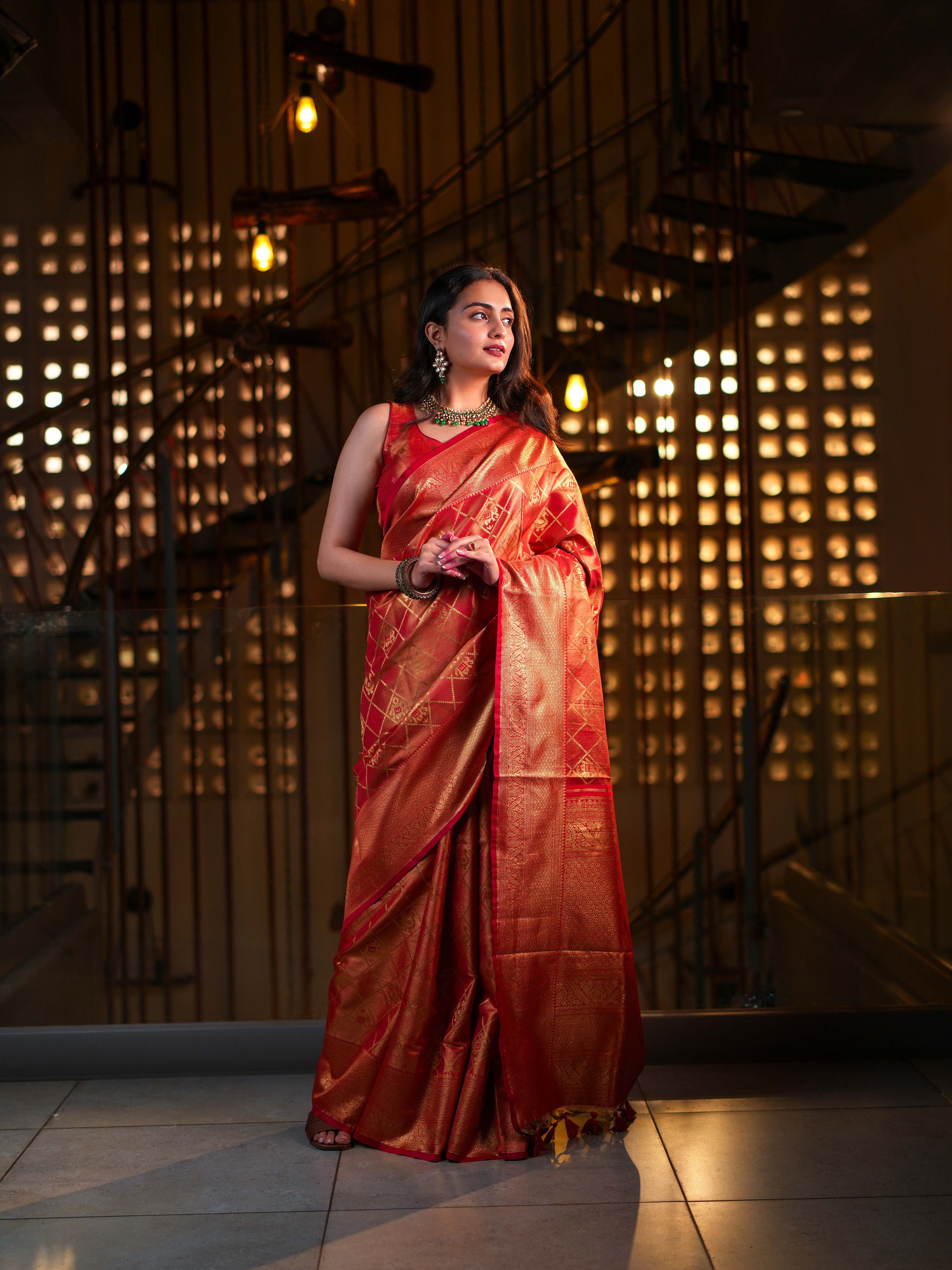 Radiant Red-Orange Kanjivaram Silk Saree  Gold Zari with Unstitched Blouse - Image 3