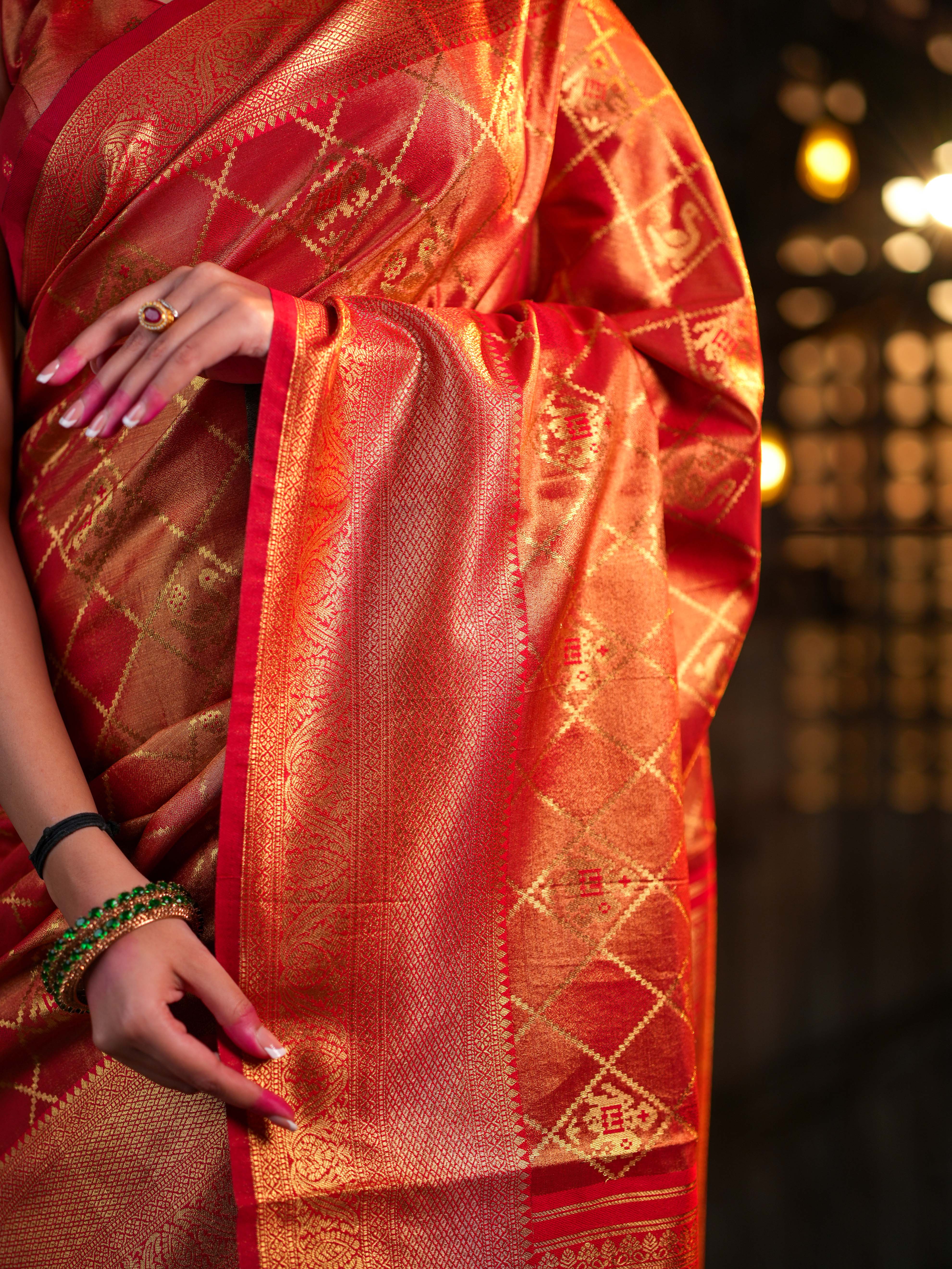 Radiant Red-Orange Kanjivaram Silk Saree  Gold Zari with Unstitched Blouse - Image 4