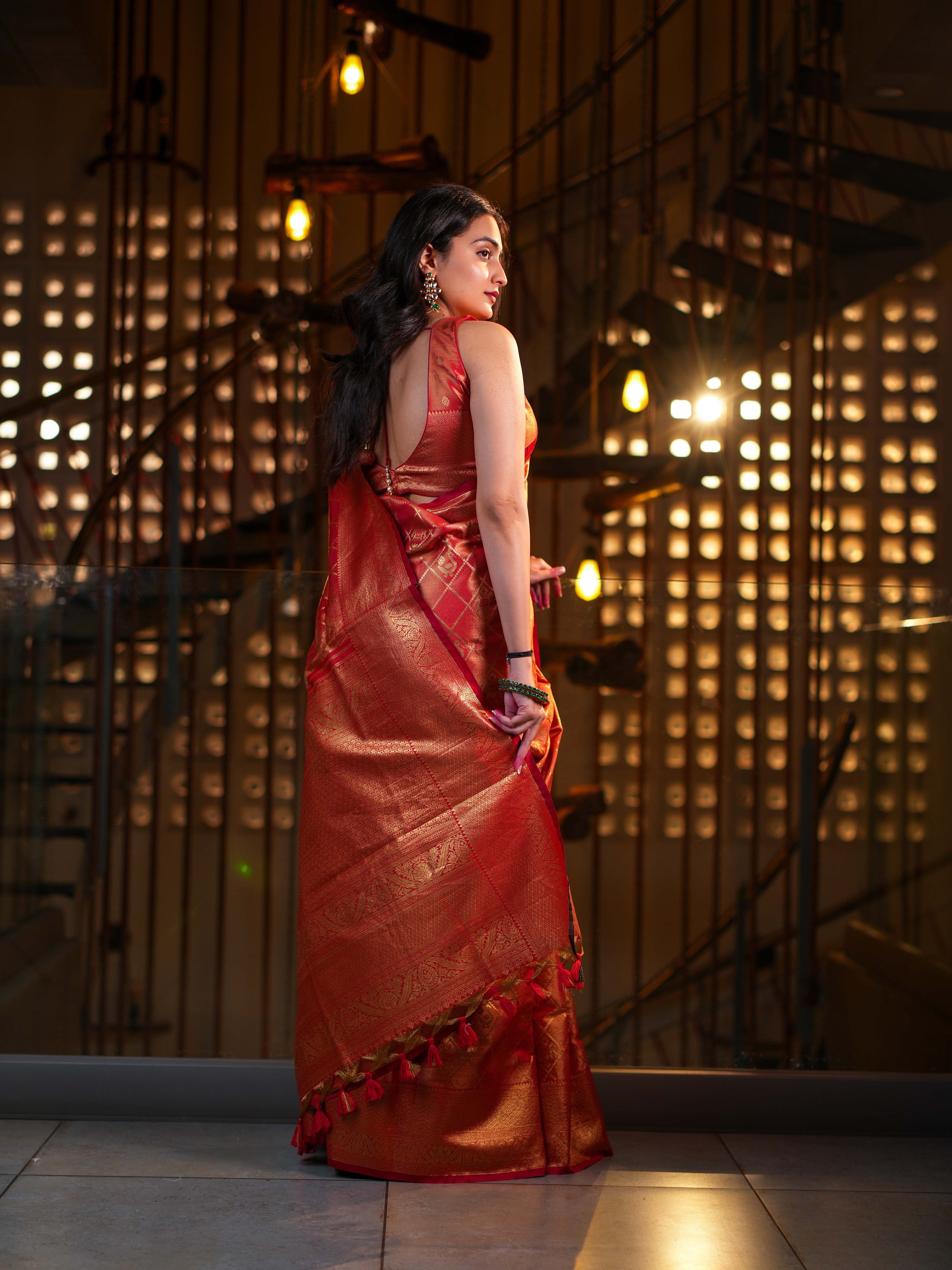 Radiant Red-Orange Kanjivaram Silk Saree  Gold Zari with Unstitched Blouse - Image 5
