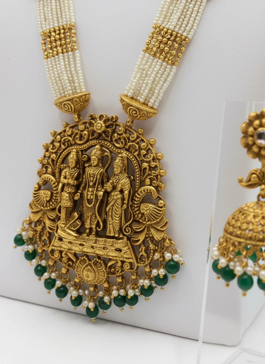Ram Darbar Antique Temple Set with Pearl and Gold Chain - Image 3