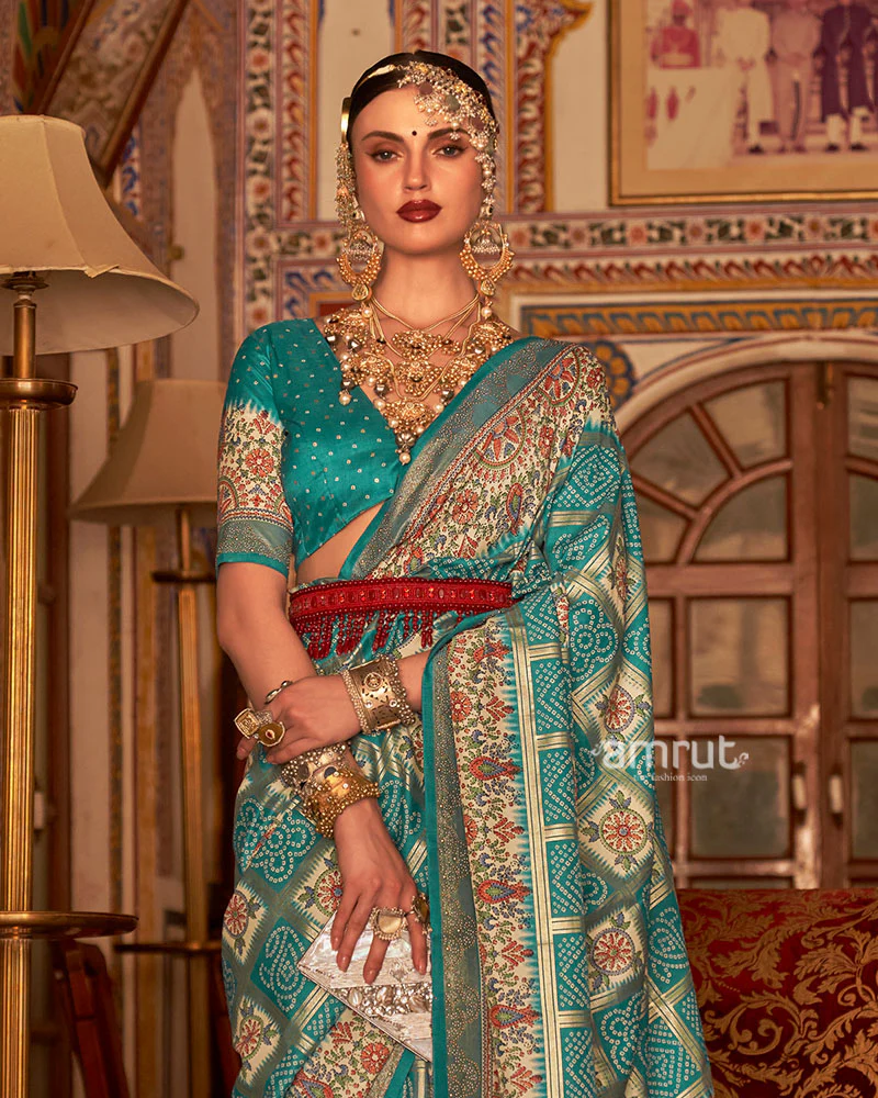 Rama Blue and Cream Bandhani Saree with Unstitched Blouse - Image 2