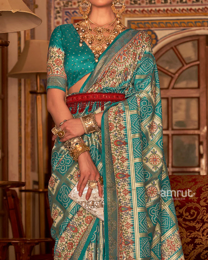 Rama Blue and Cream Bandhani Saree with Unstitched Blouse - Image 3