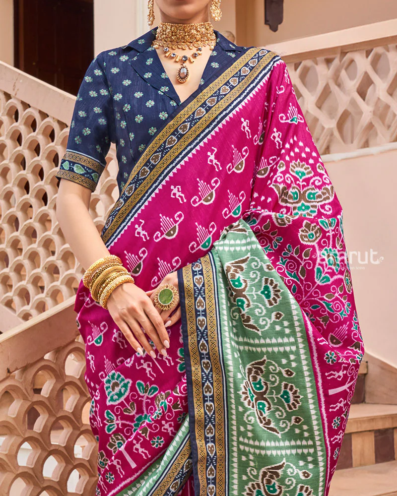 Rani Pink and Green Broad Border Patola Silk Saree with Unstitched Blouse - Image 3