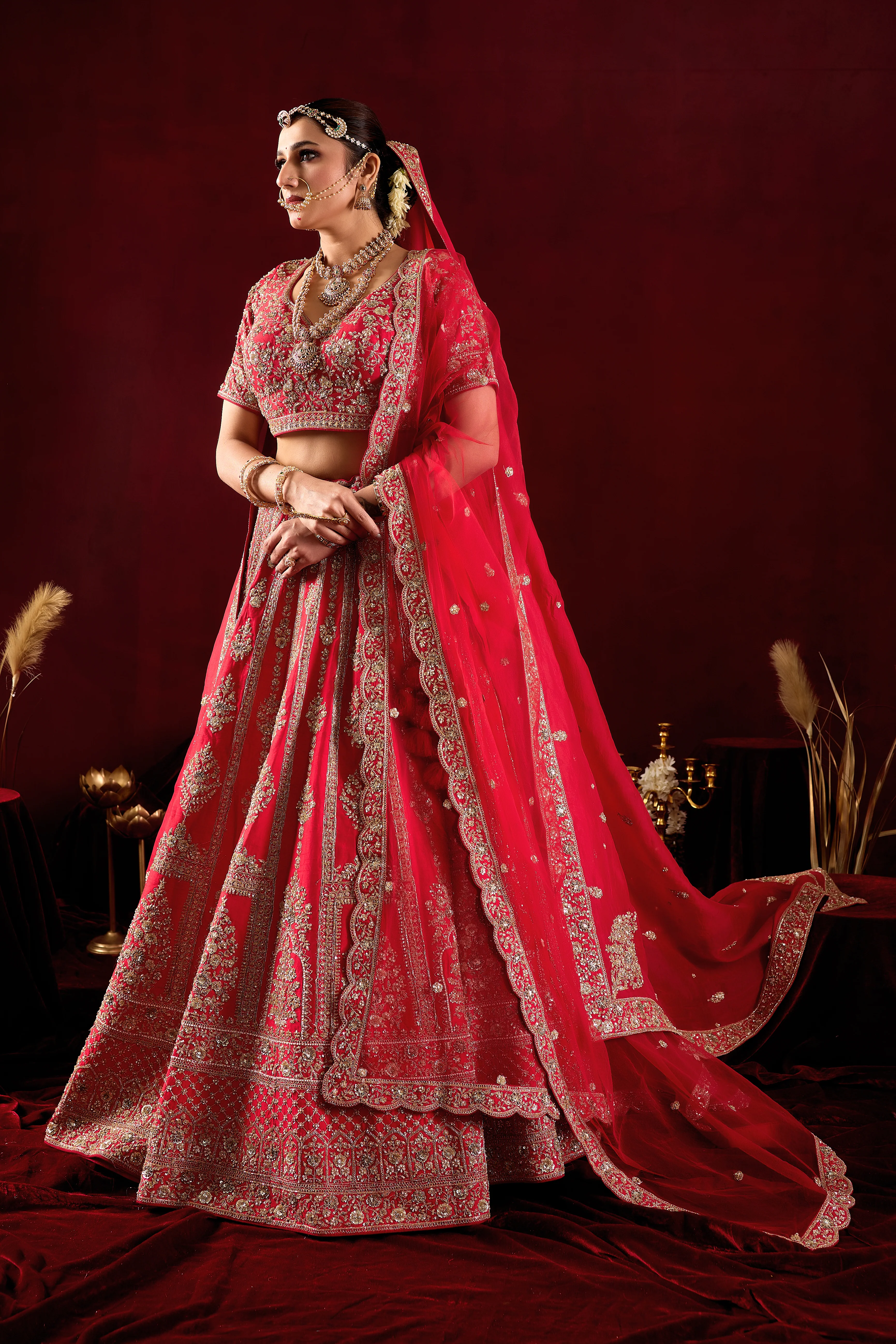 Rani Pink Bridal Lehenga Set with Heavy Embroidered Dupatta - Image 3