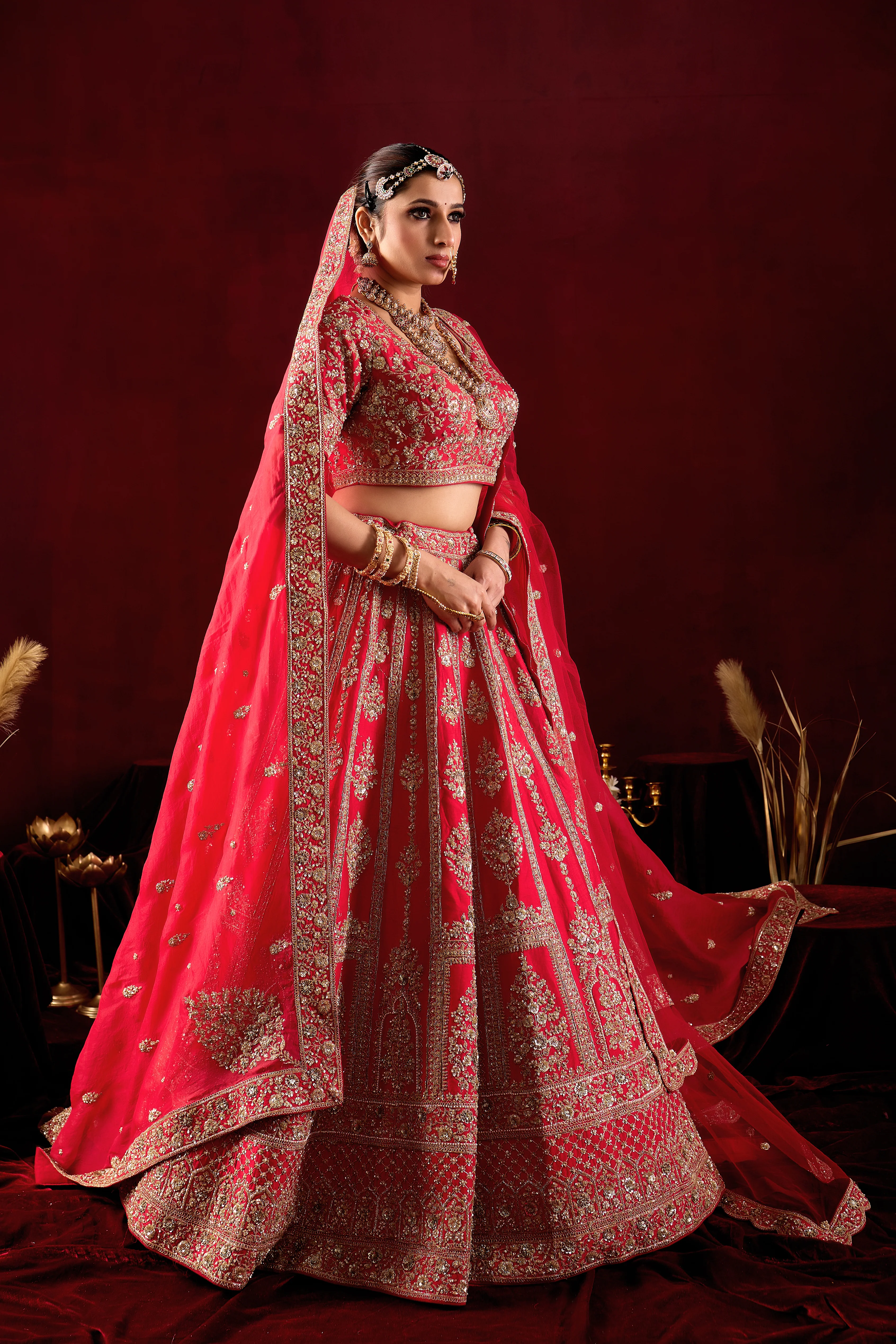 Rani Pink Bridal Lehenga Set with Heavy Embroidered Dupatta - Image 4