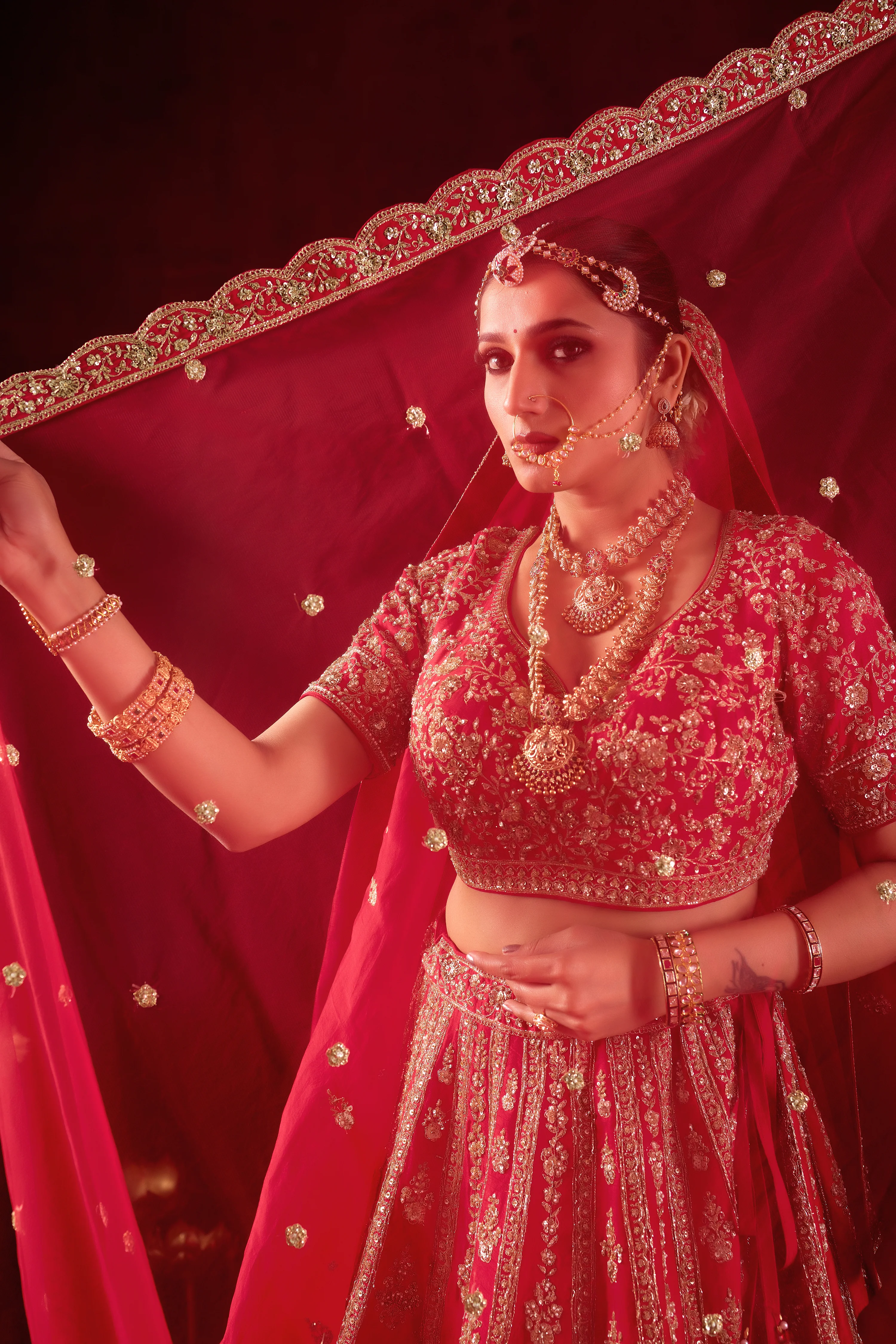 Rani Pink Bridal Lehenga Set with Heavy Embroidered Dupatta - Image 6