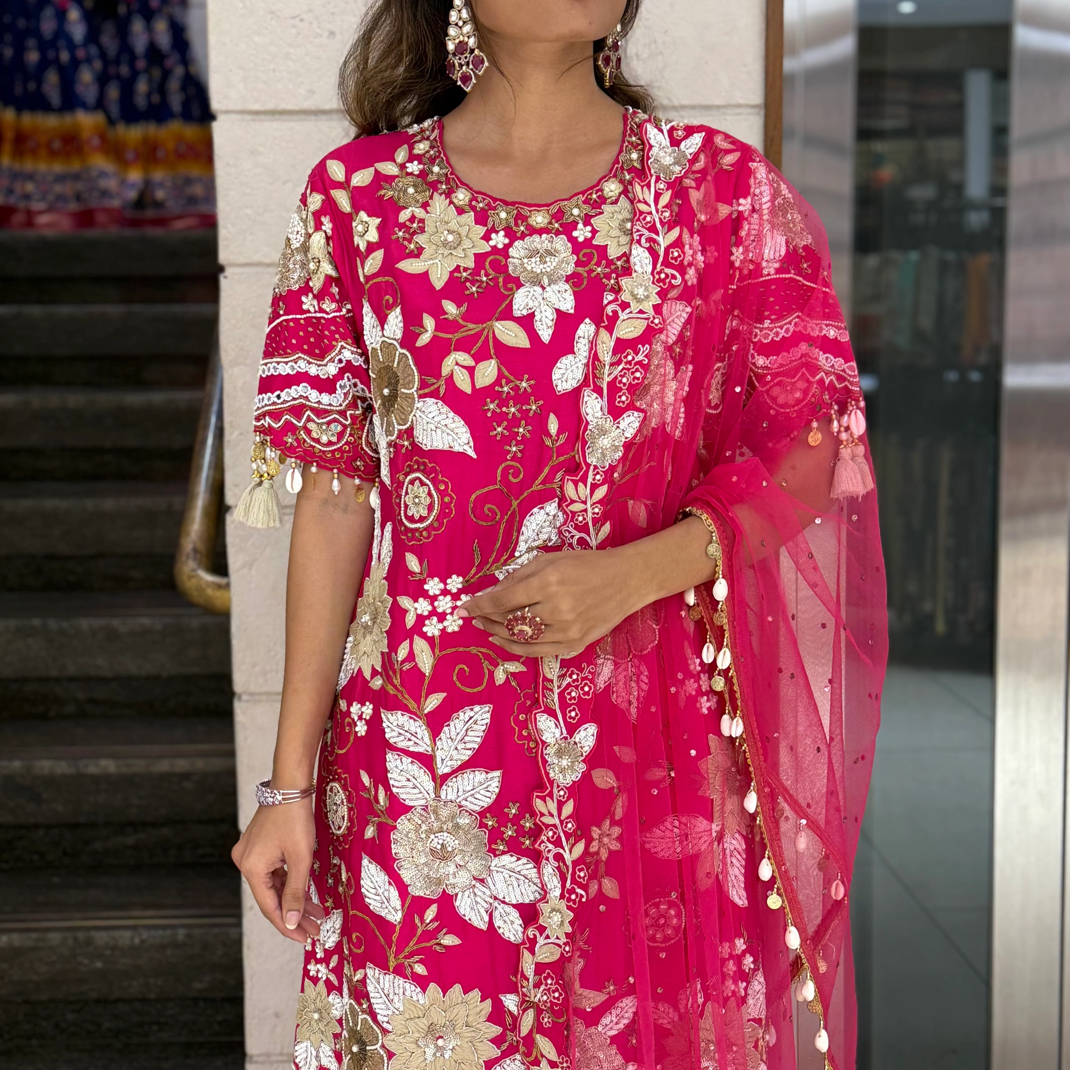 Rani Pink Designer Kurta Set with Heavy Floral Embroidery & Dupatta - Image 2