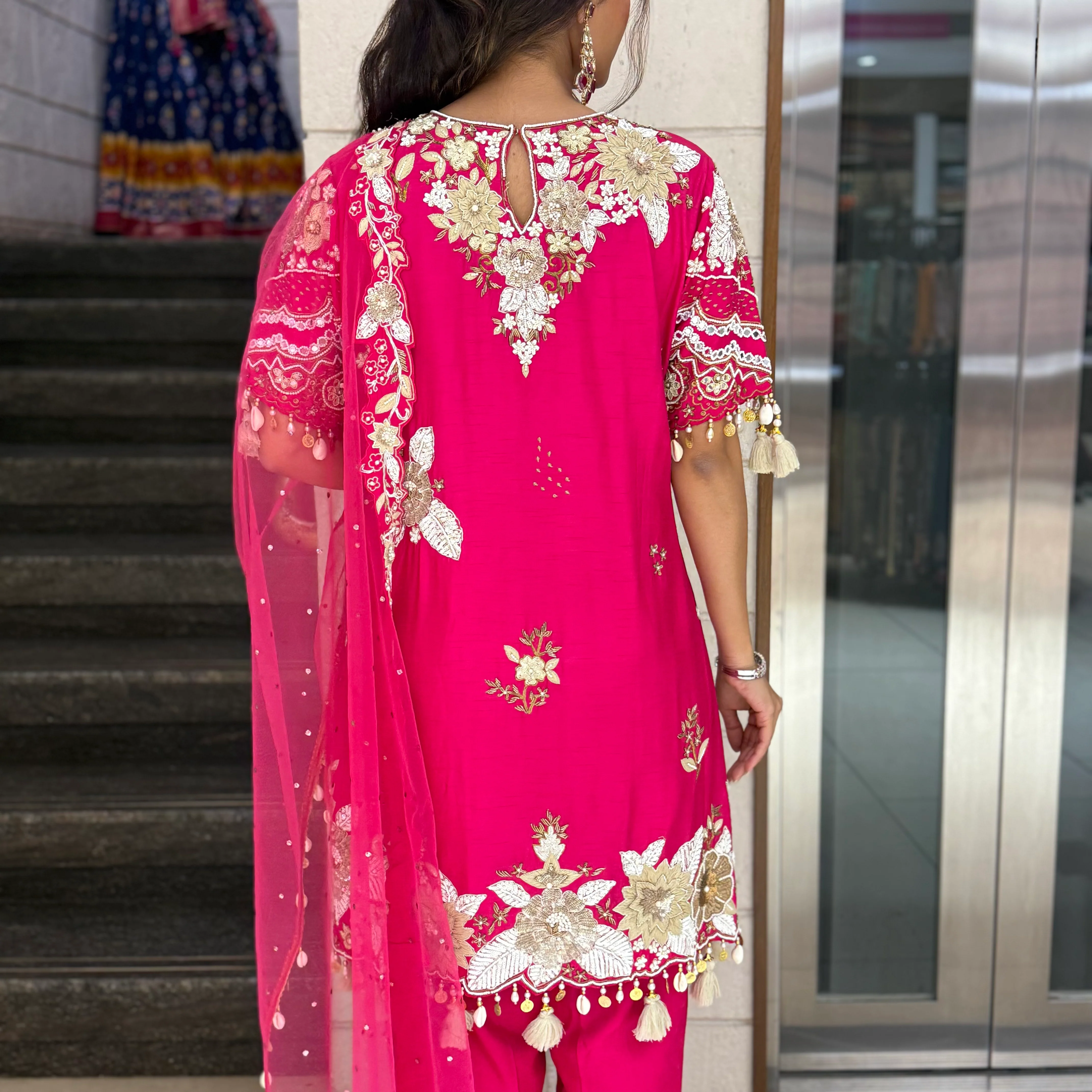 Rani Pink Designer Kurta Set with Heavy Floral Embroidery & Dupatta - Image 3