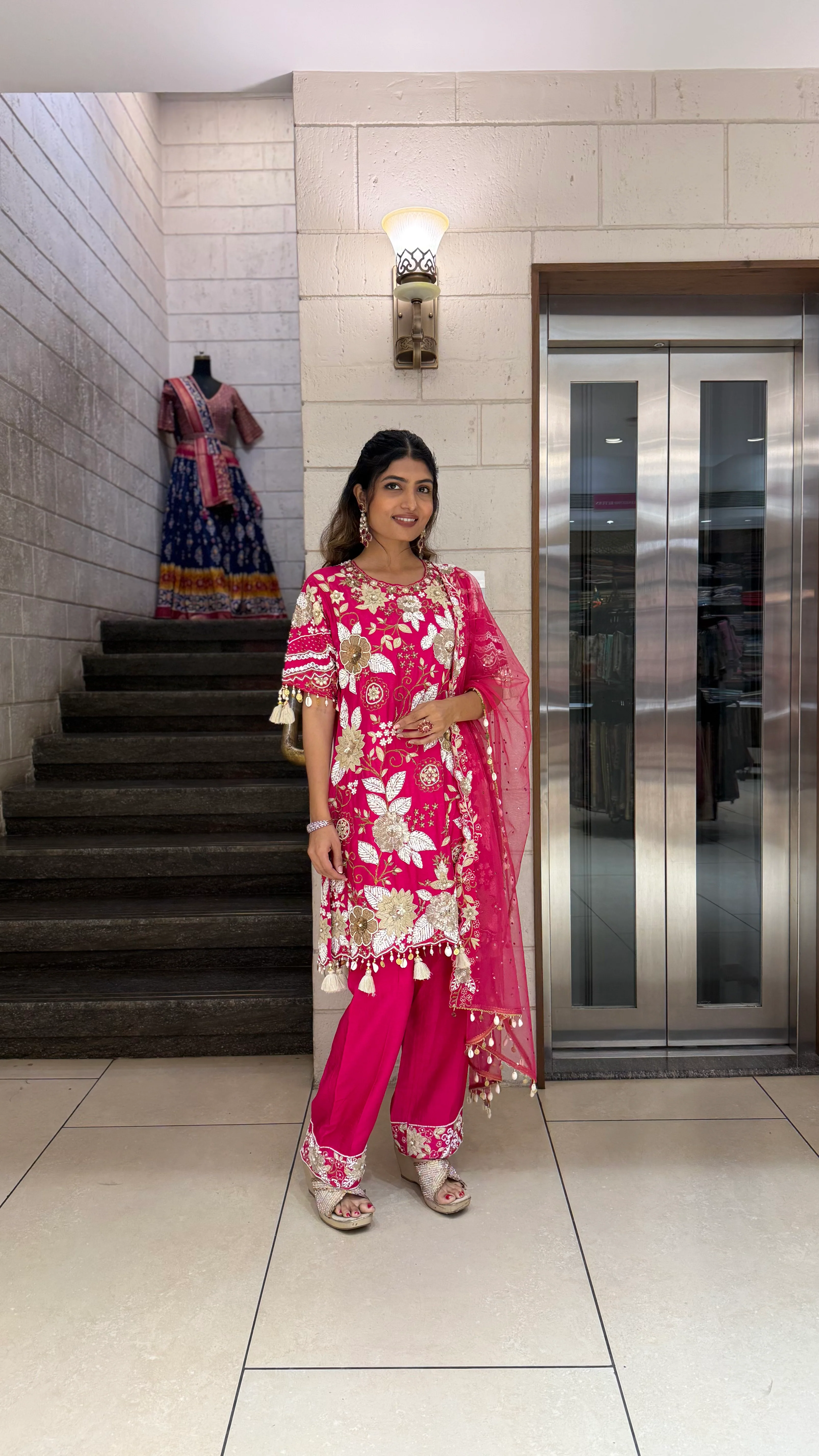 Rani Pink Designer Kurta Set with Heavy Floral Embroidery & Dupatta - Image 4