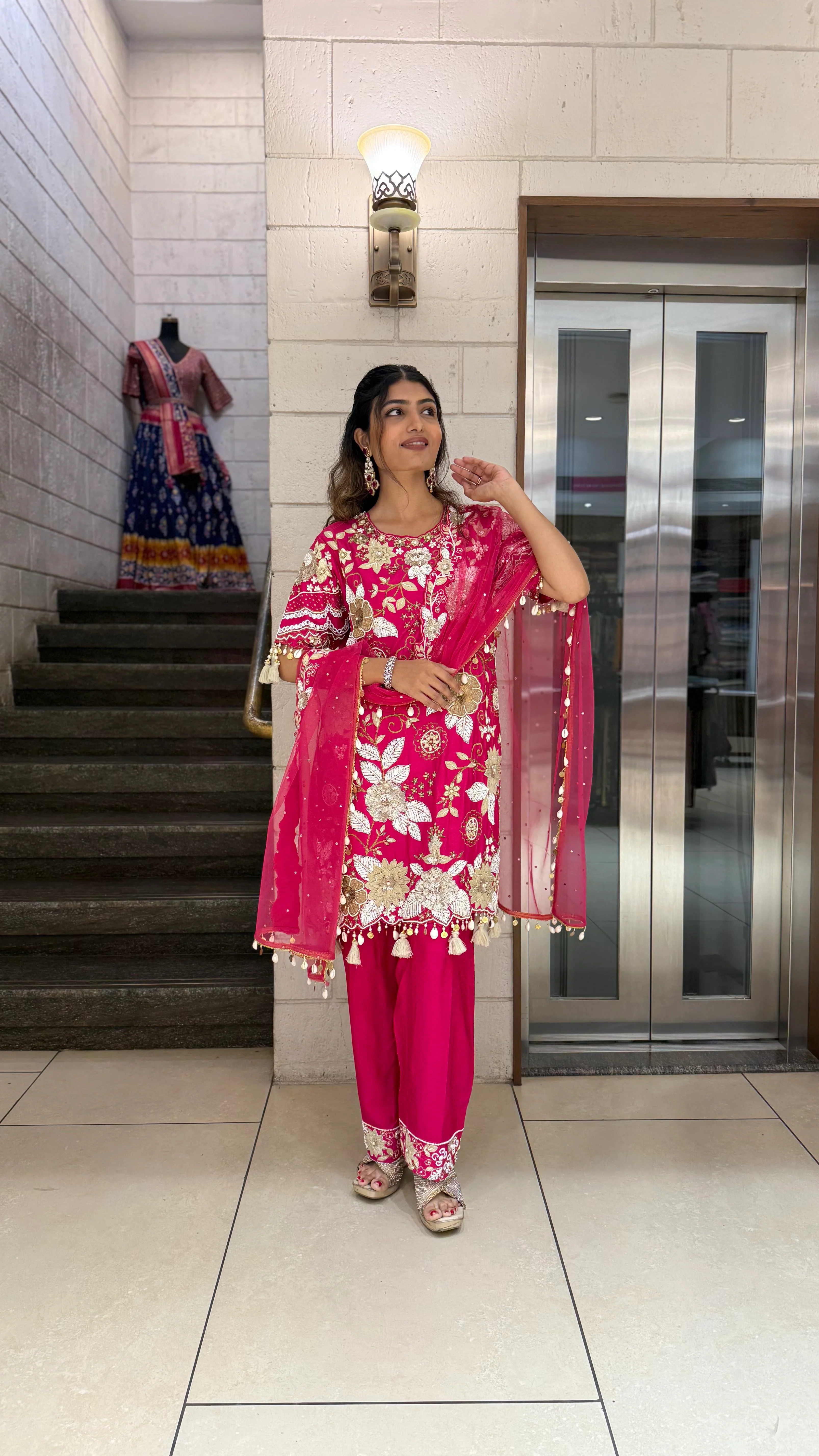Rani Pink Designer Kurta Set with Heavy Floral Embroidery & Dupatta - Image 5