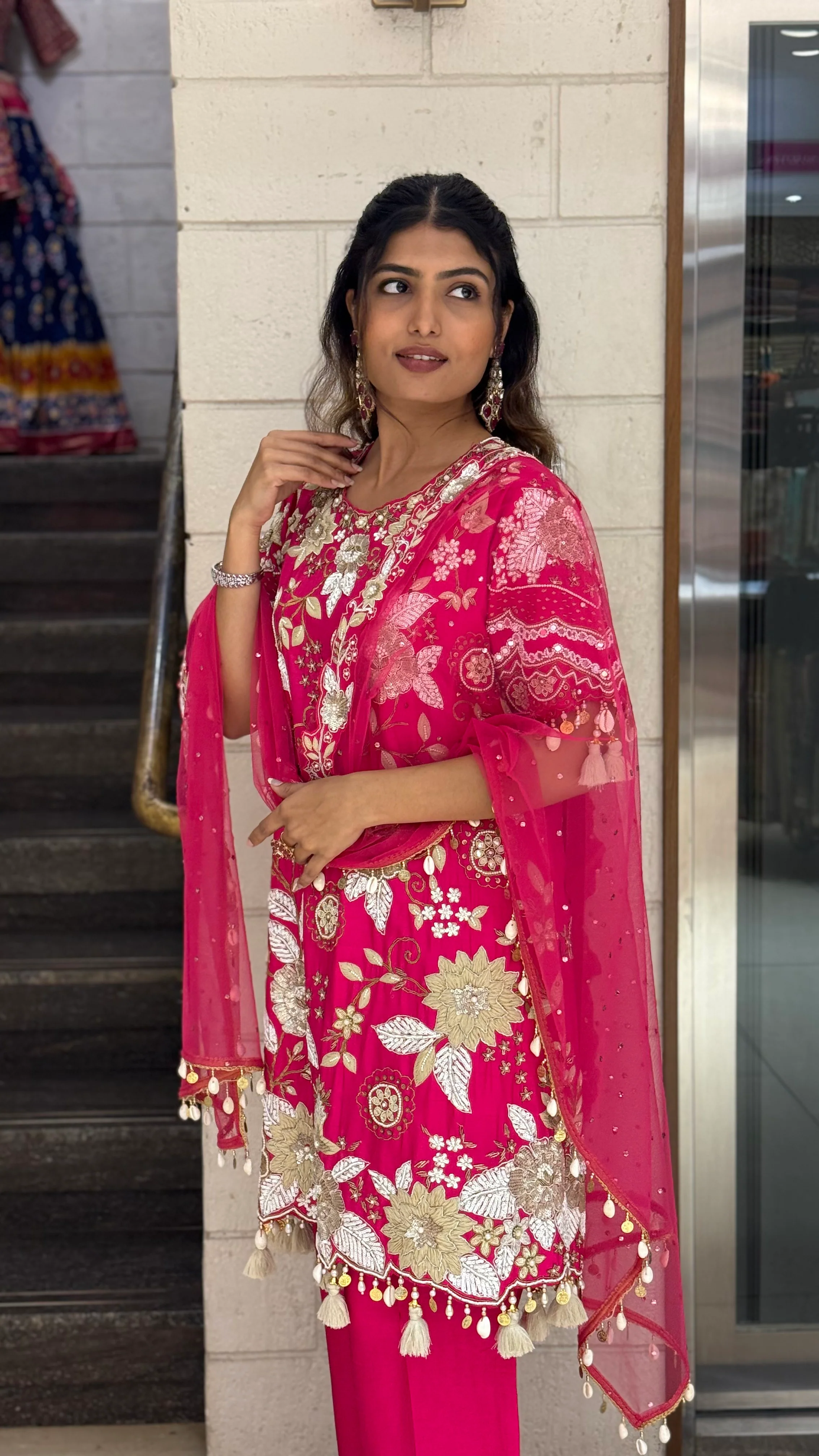 Rani Pink Designer Kurta Set with Heavy Floral Embroidery & Dupatta - Image 6