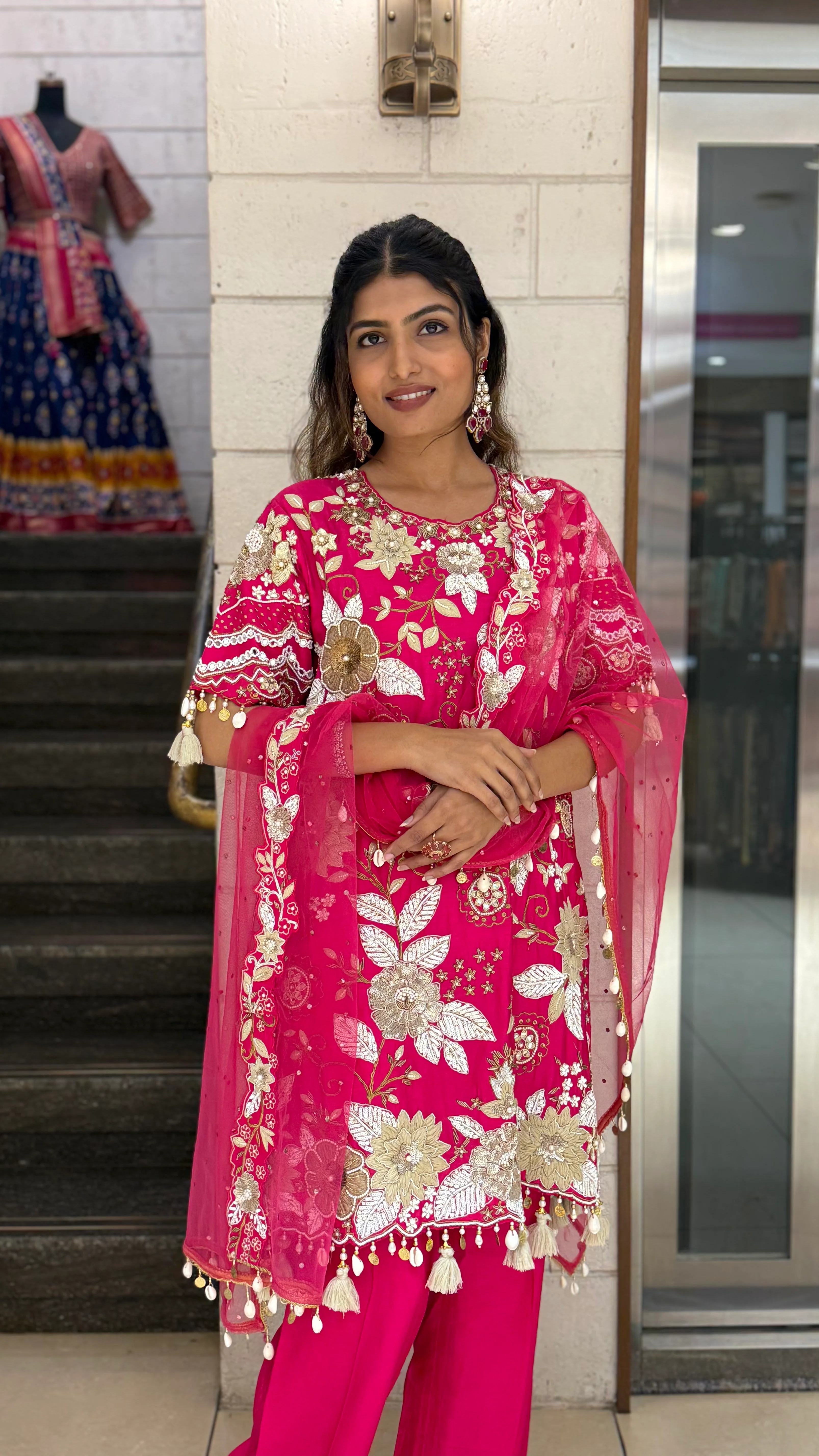 Rani Pink Designer Kurta Set with Heavy Floral Embroidery & Dupatta - Image 7