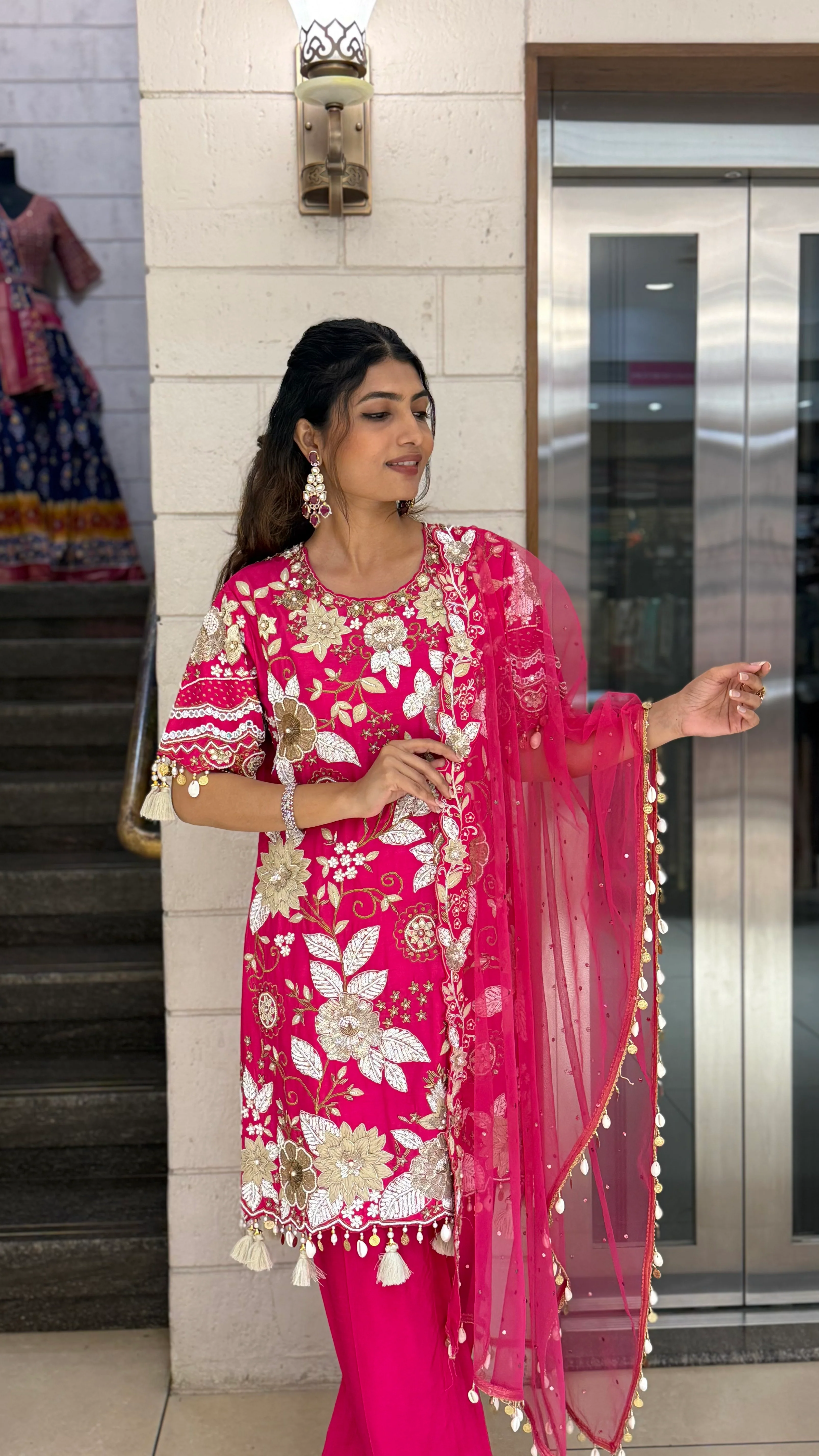 Rani Pink Designer Kurta Set with Heavy Floral Embroidery & Dupatta - Image 8