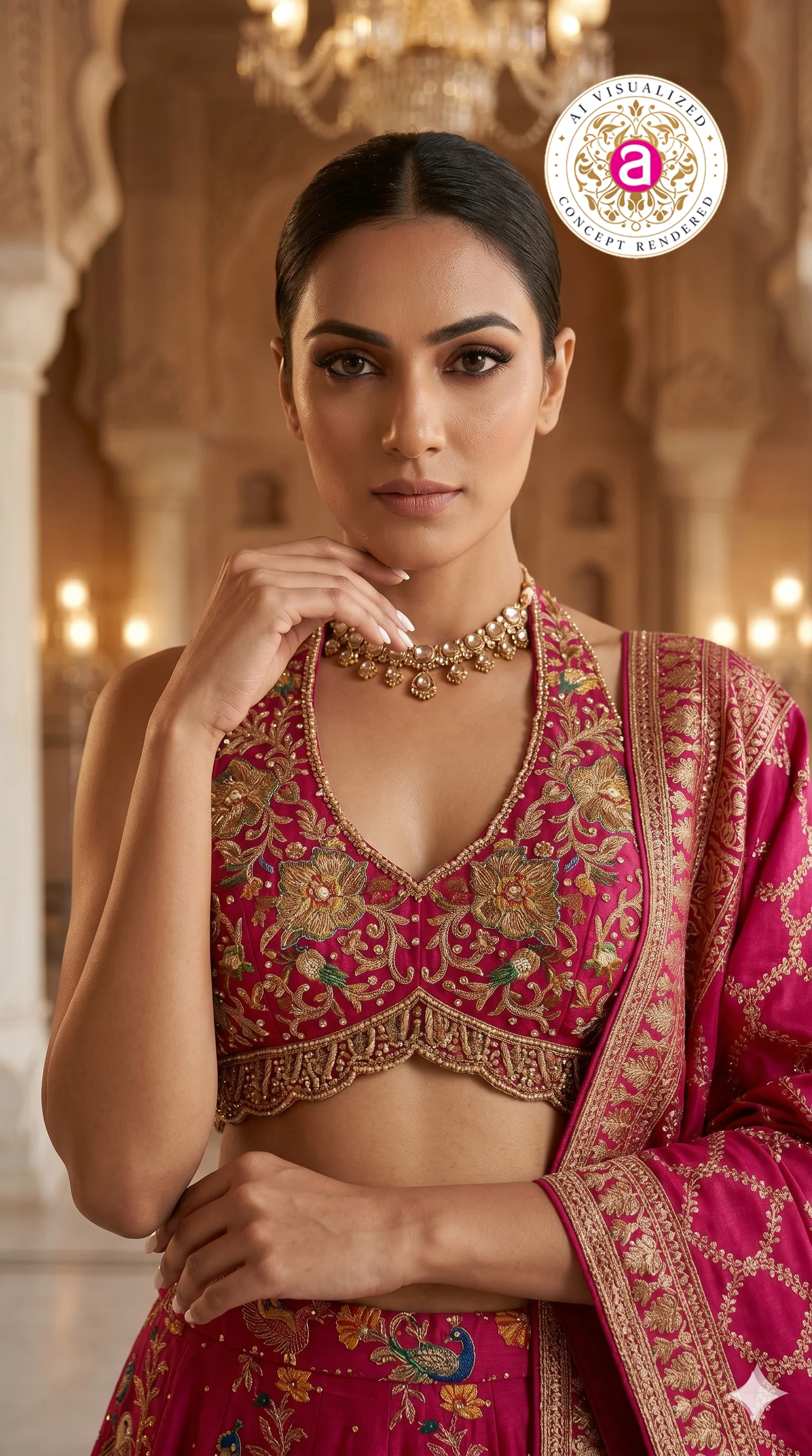 Rani Pink Designer Lehenga Set with Halter Blouse & Woven Dupatta - Image 2
