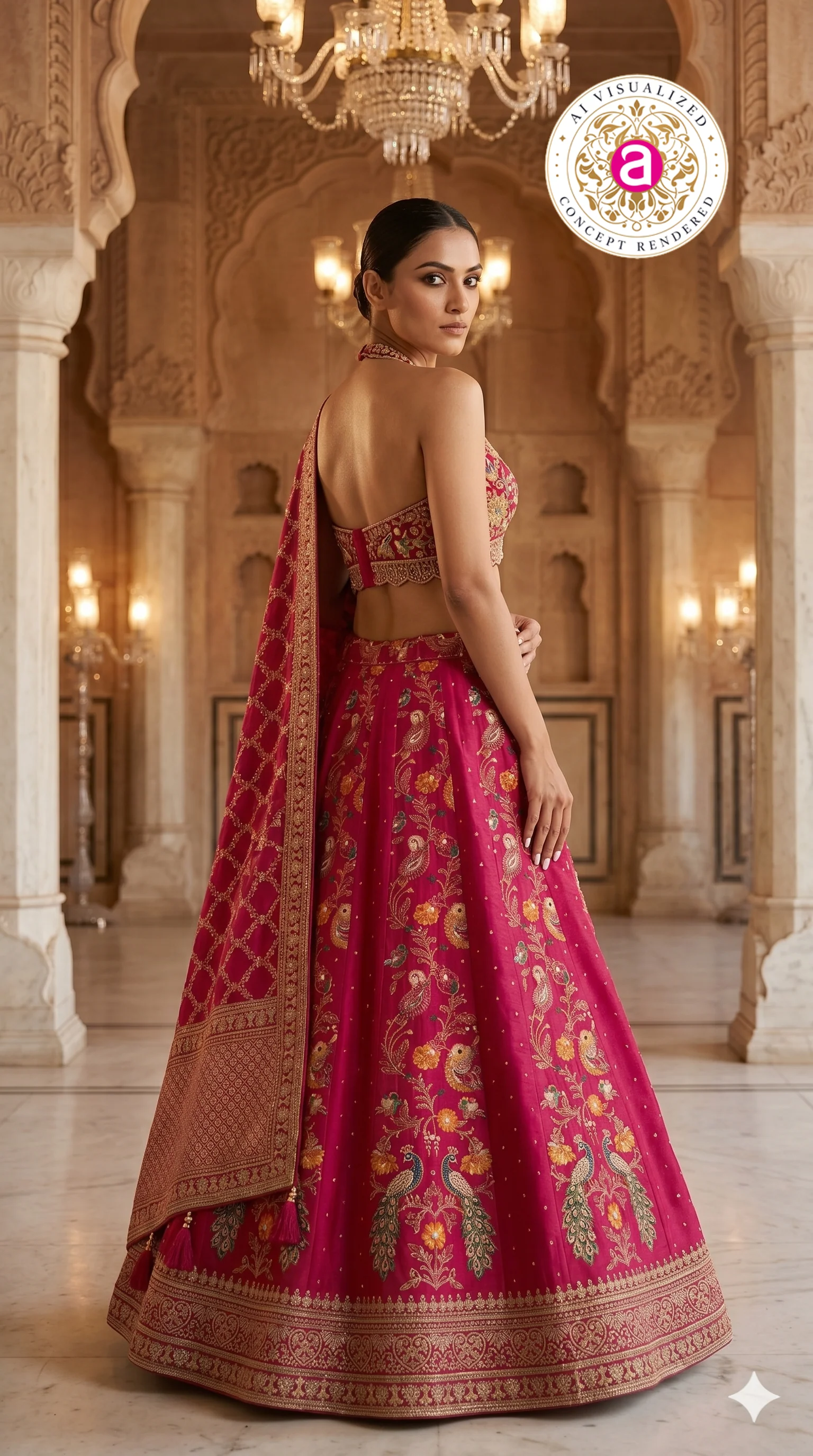 Rani Pink Designer Lehenga Set with Halter Blouse & Woven Dupatta - Image 3