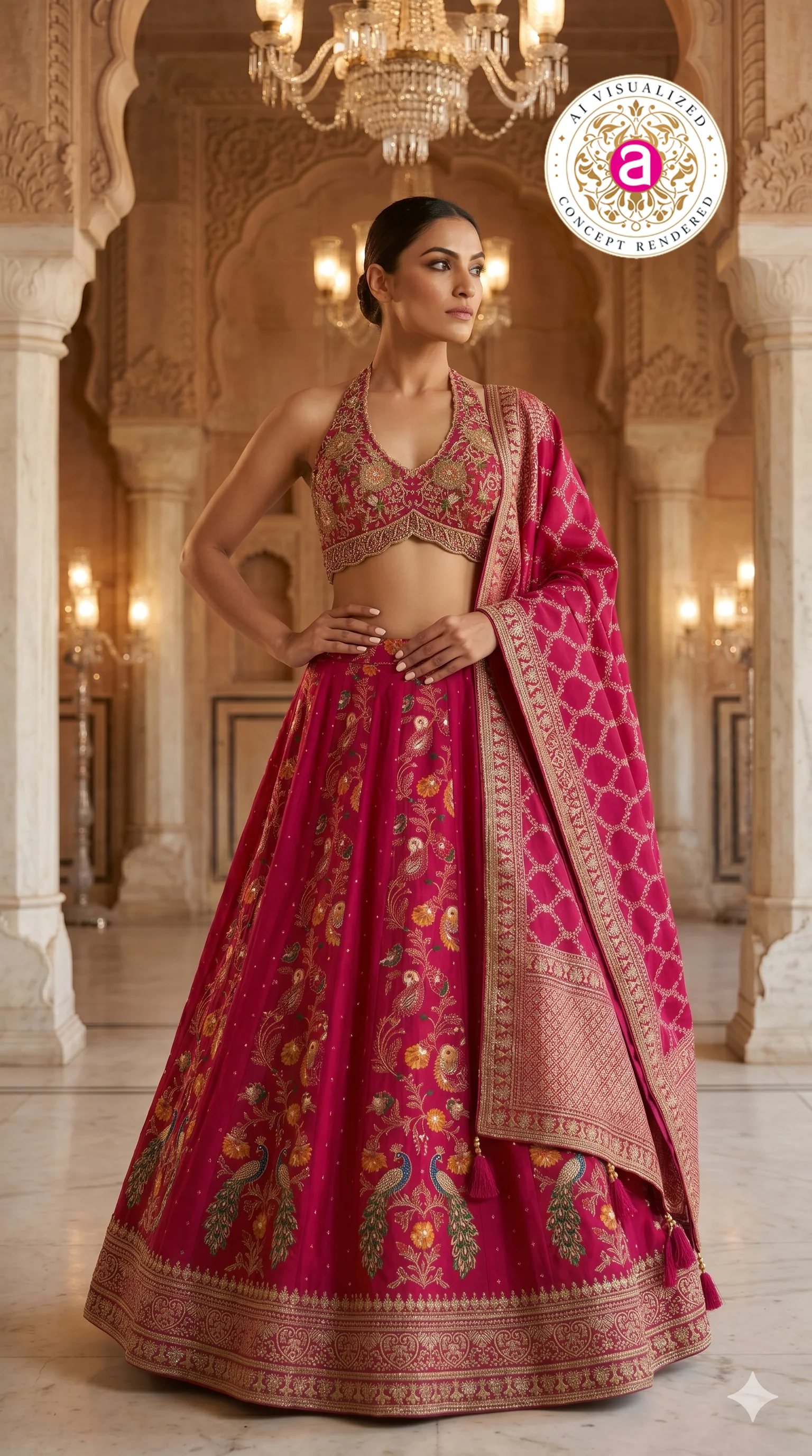 Rani Pink Designer Lehenga Set with Halter Blouse & Woven Dupatta - Image 4
