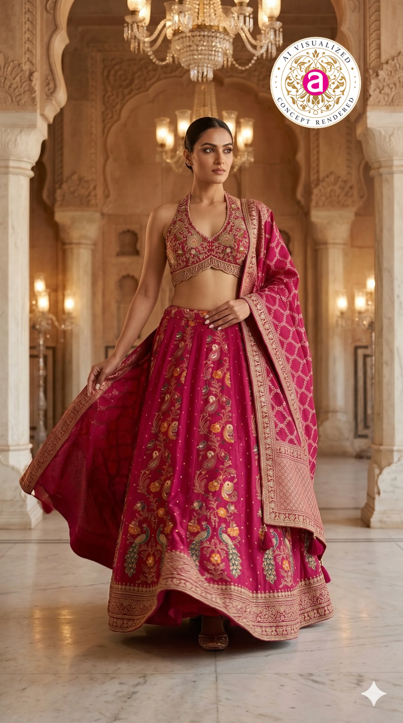 Rani Pink Designer Lehenga Set with Halter Blouse & Woven Dupatta - Image 5
