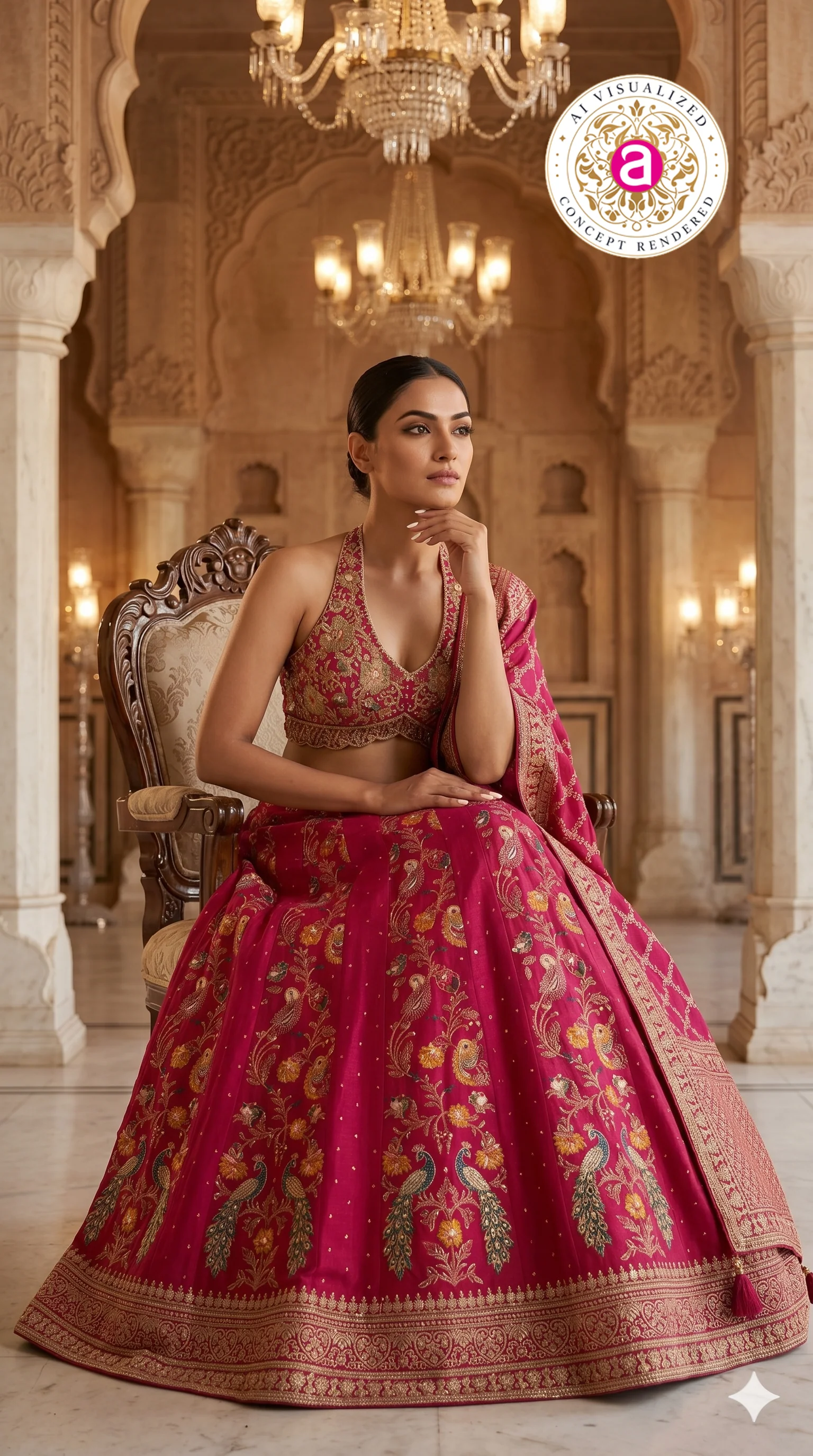 Rani Pink Designer Lehenga Set with Halter Blouse & Woven Dupatta - Image 6