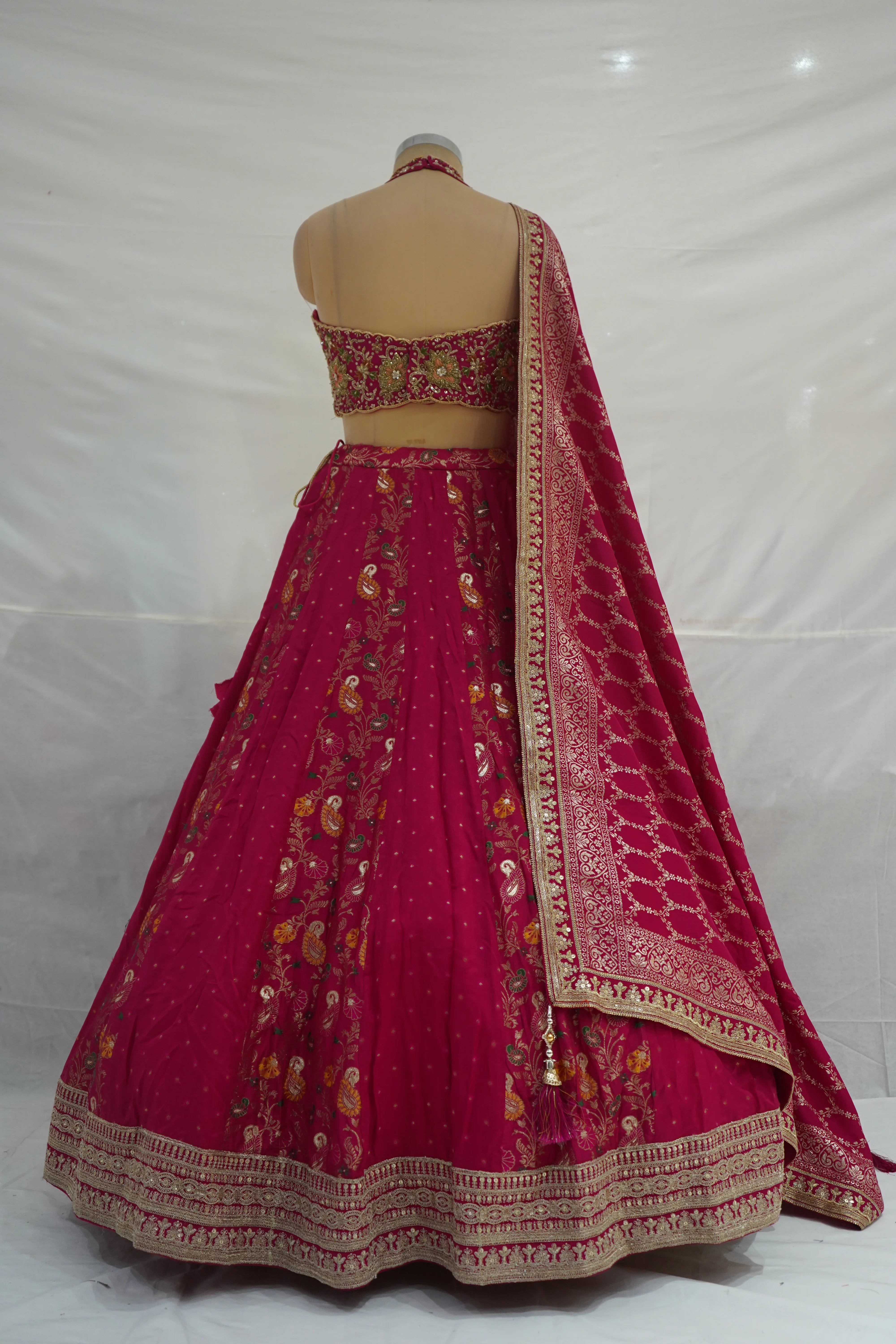 Rani Pink Designer Lehenga Set with Halter Blouse & Woven Dupatta - Image 7
