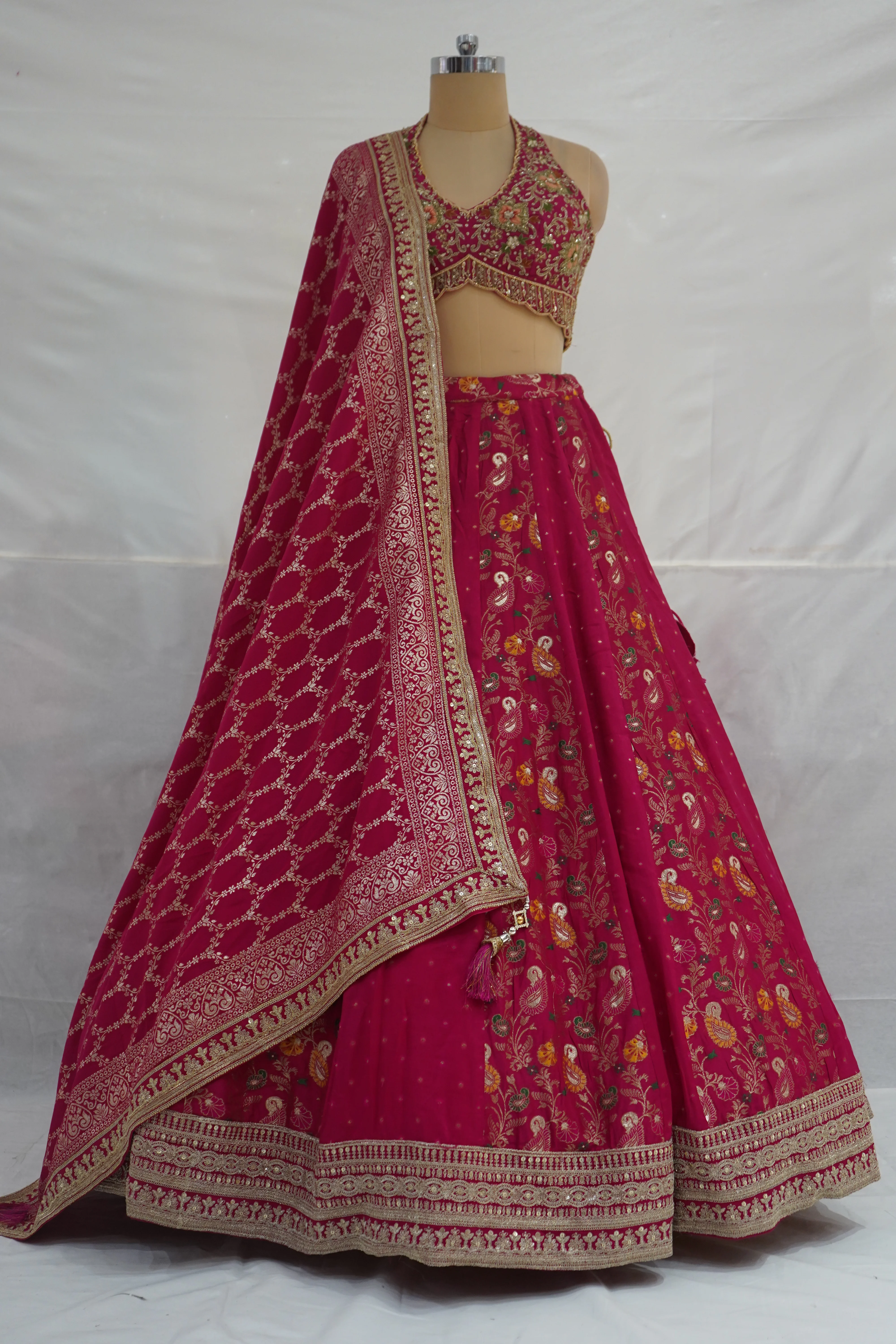 Rani Pink Designer Lehenga Set with Halter Blouse & Woven Dupatta - Image 8