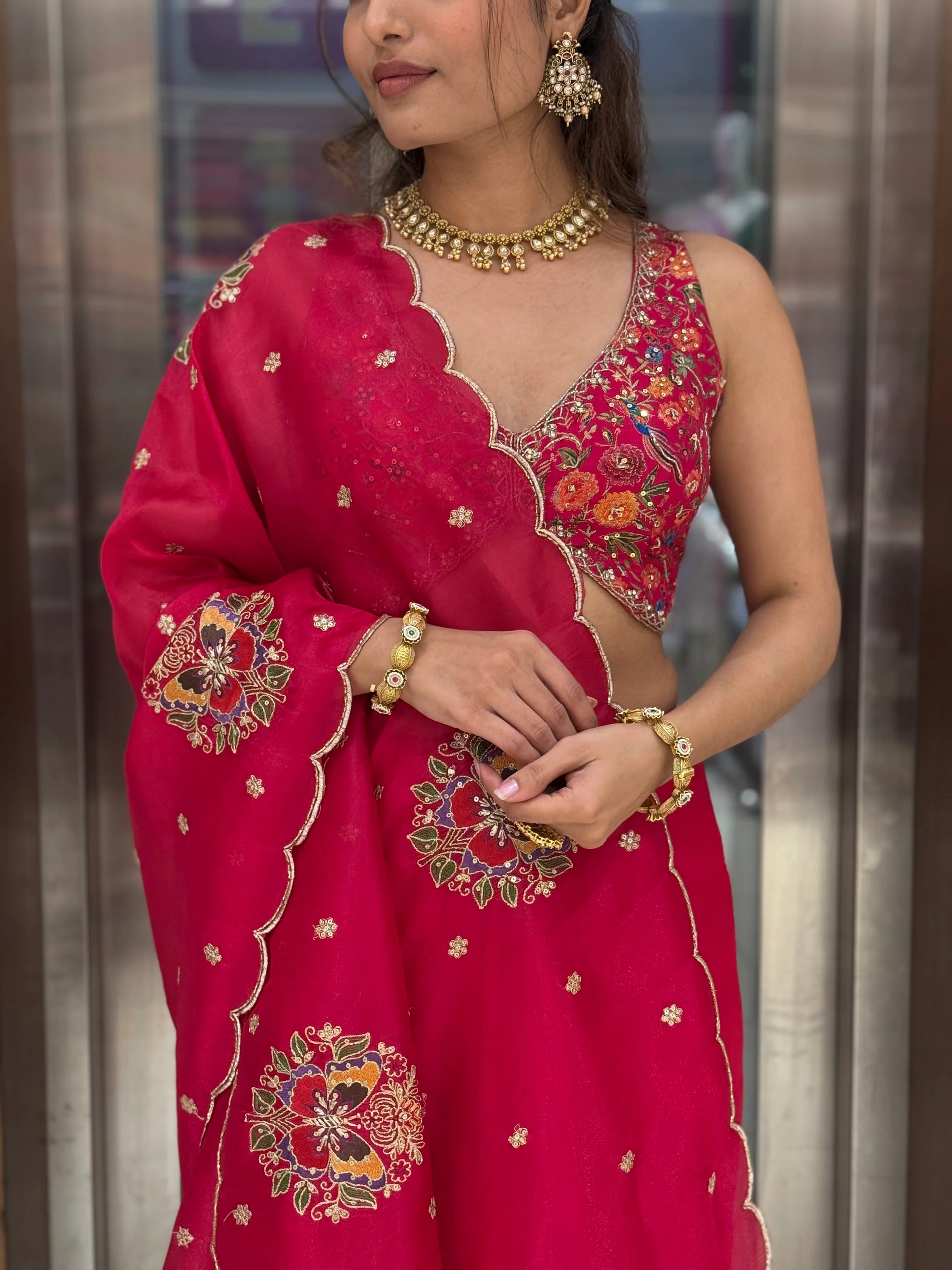 Rani Pink Embroidered Georgette Saree with Heavy Designer Blouse - Image 2