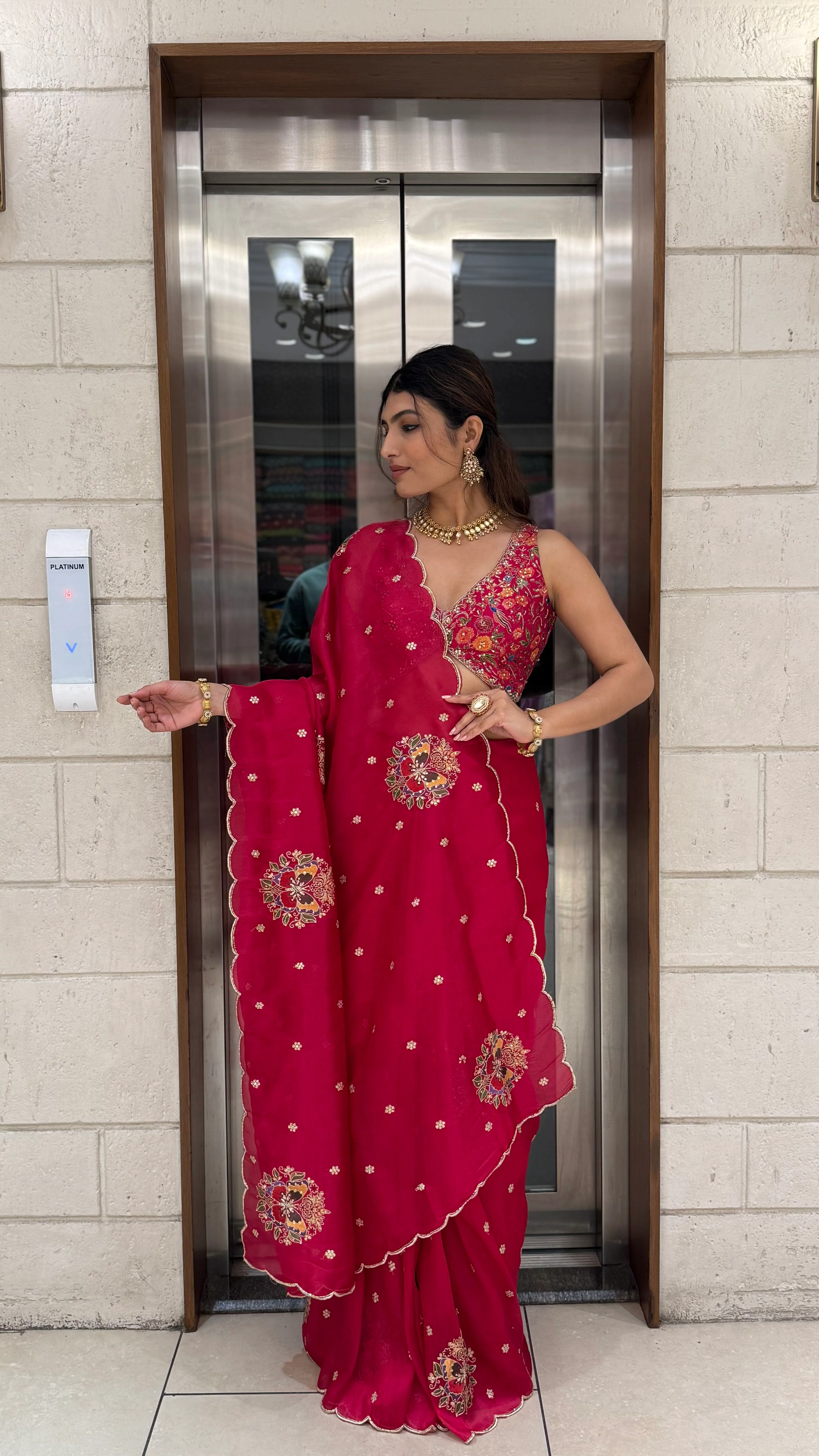 Rani Pink Embroidered Georgette Saree with Heavy Designer Blouse - Image 3