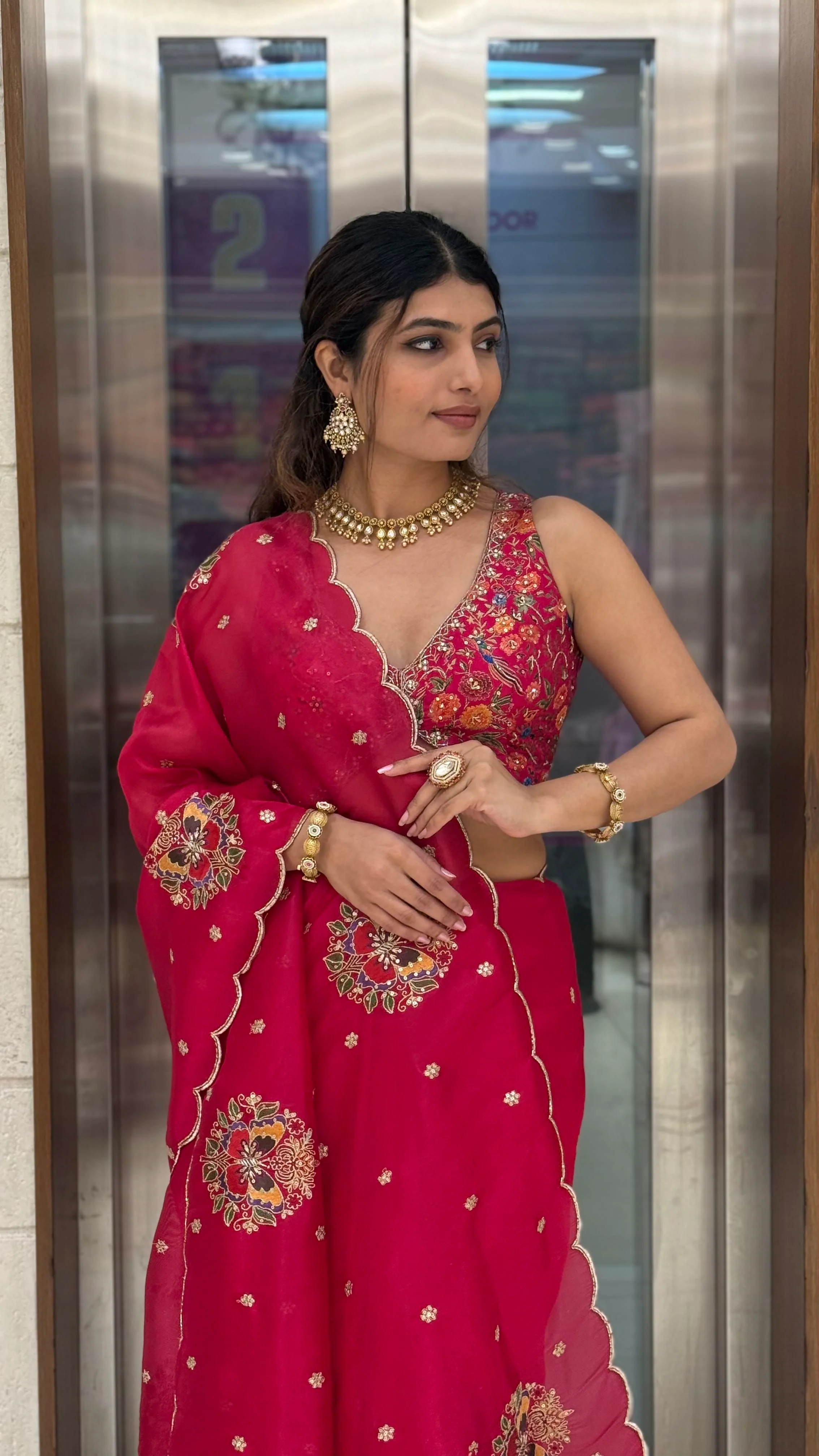 Rani Pink Embroidered Georgette Saree with Heavy Designer Blouse - Image 4