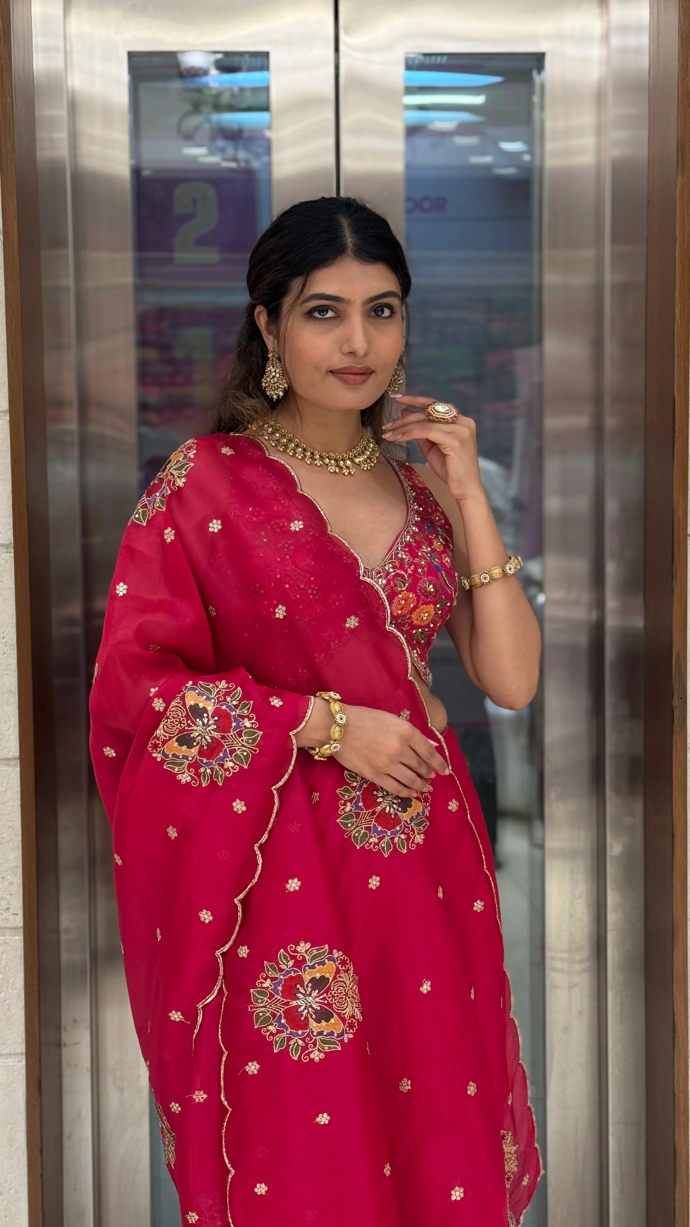 Rani Pink Embroidered Georgette Saree with Heavy Designer Blouse - Image 5